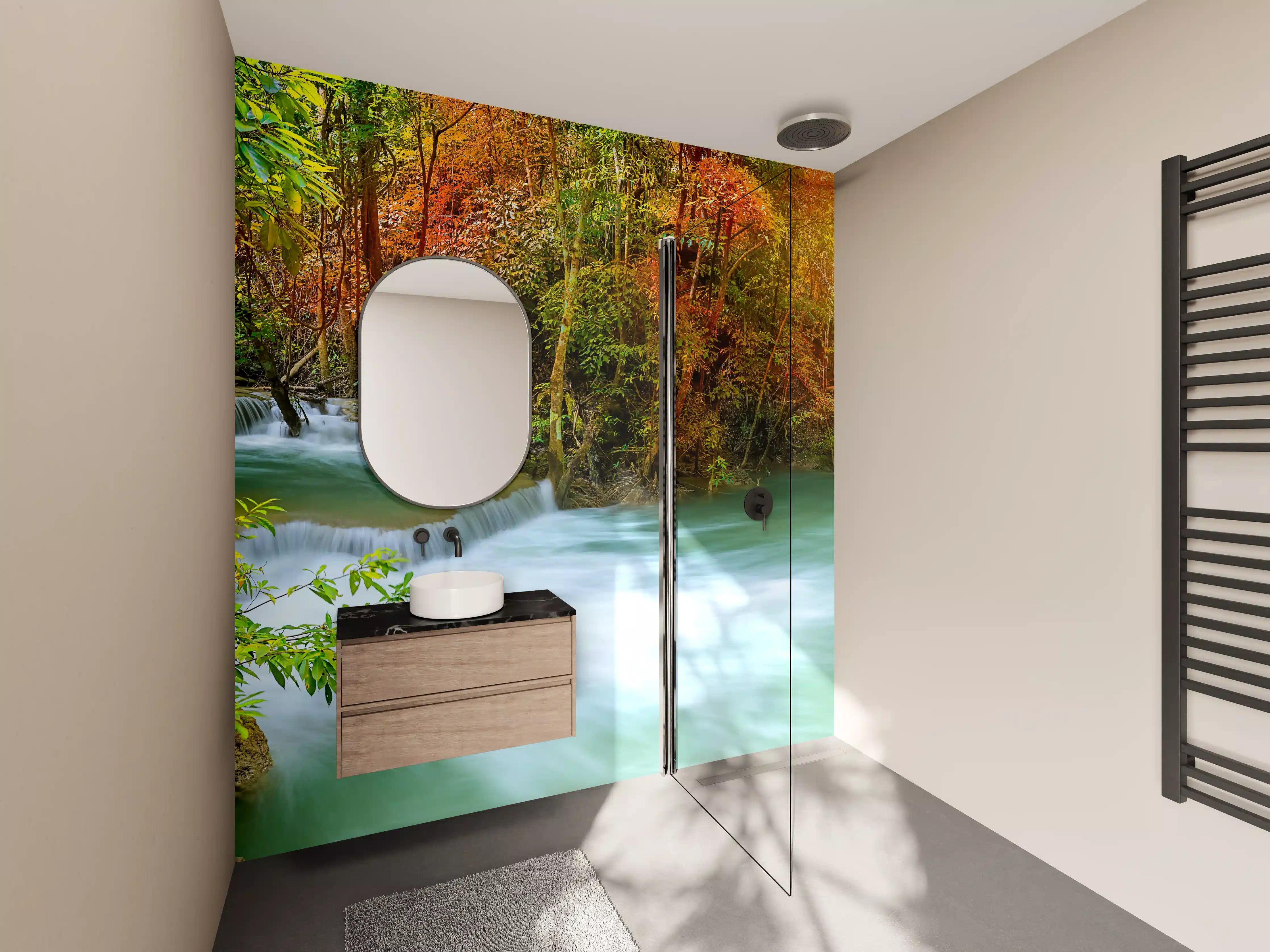 Wandverkleidung Bad - Herbstlicher Türkis-Wasserfall