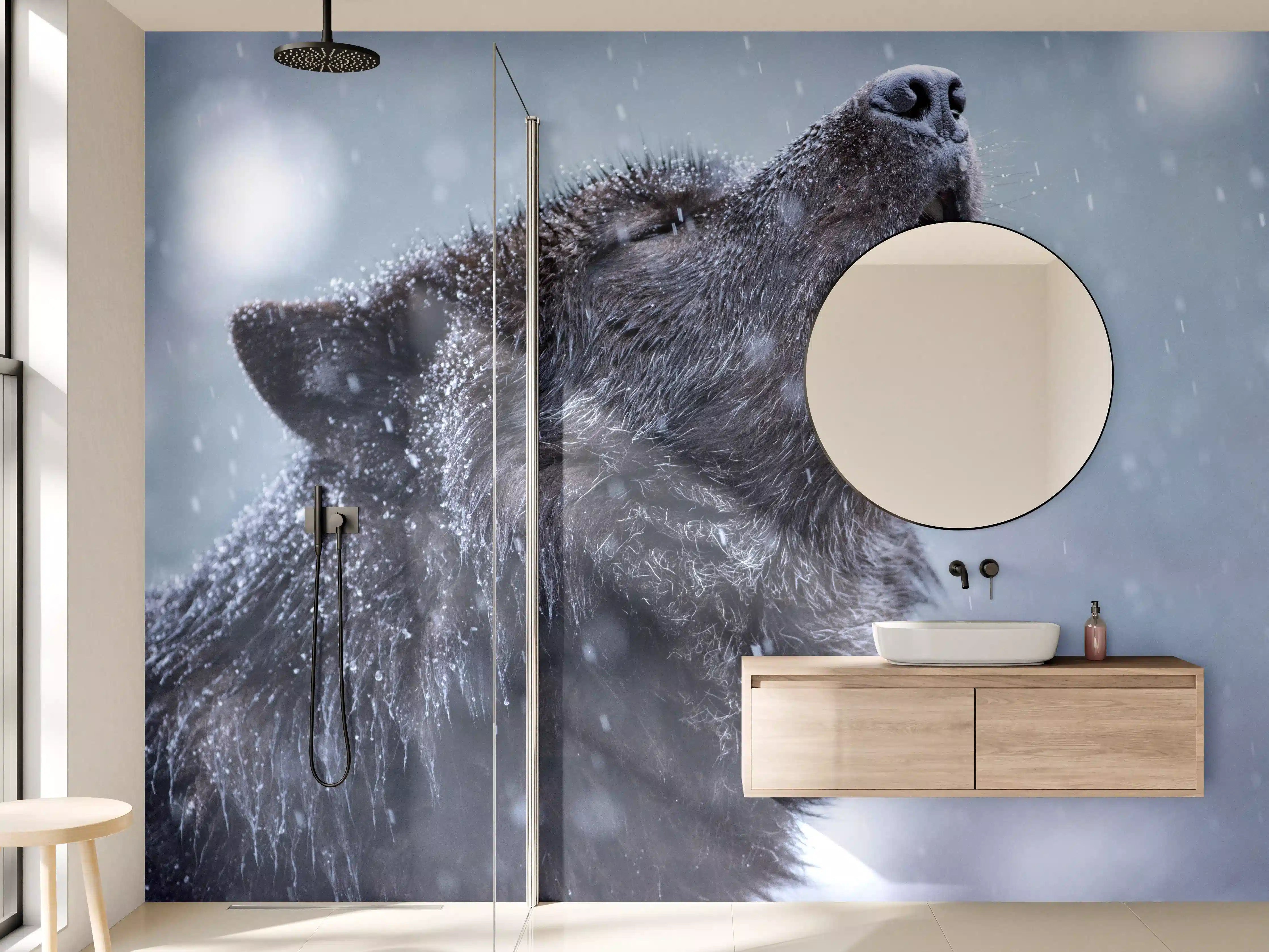 Wandverkleidung Bad - Heulender Wolf im Winter