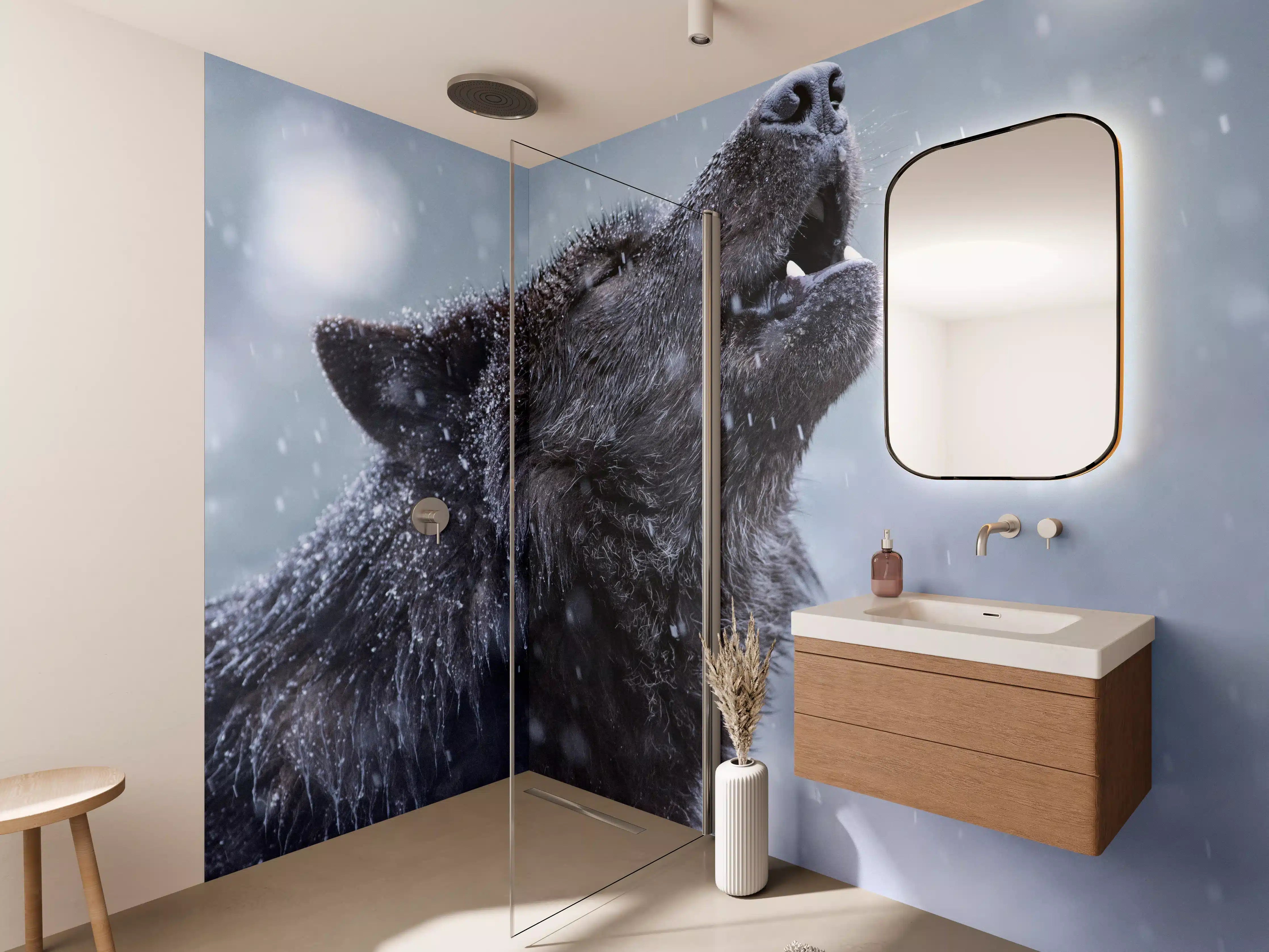 Wandverkleidung Bad - Heulender Wolf im Winter
