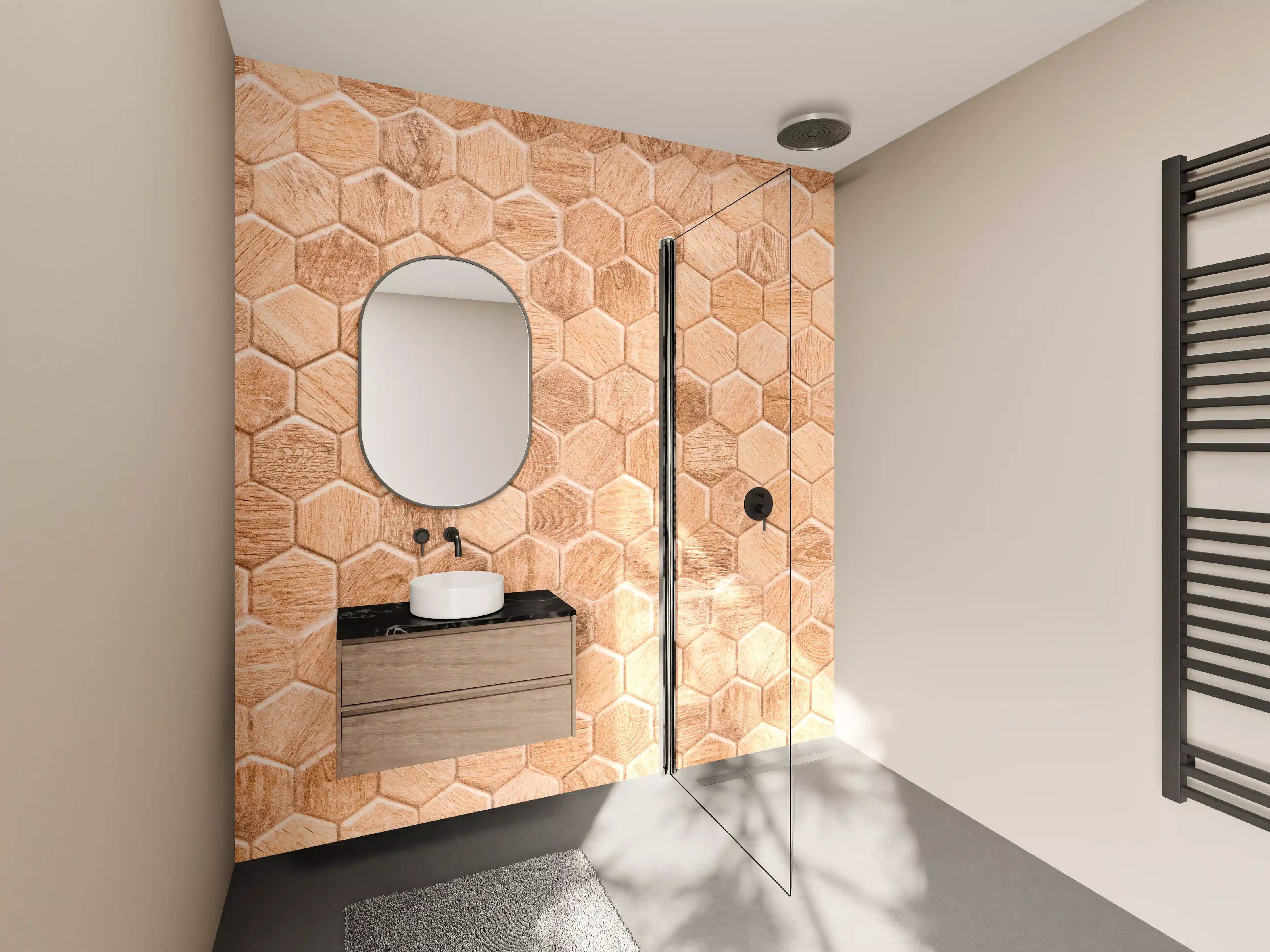 Wandverkleidung Bad - Hexagon Holz Wabenmuster