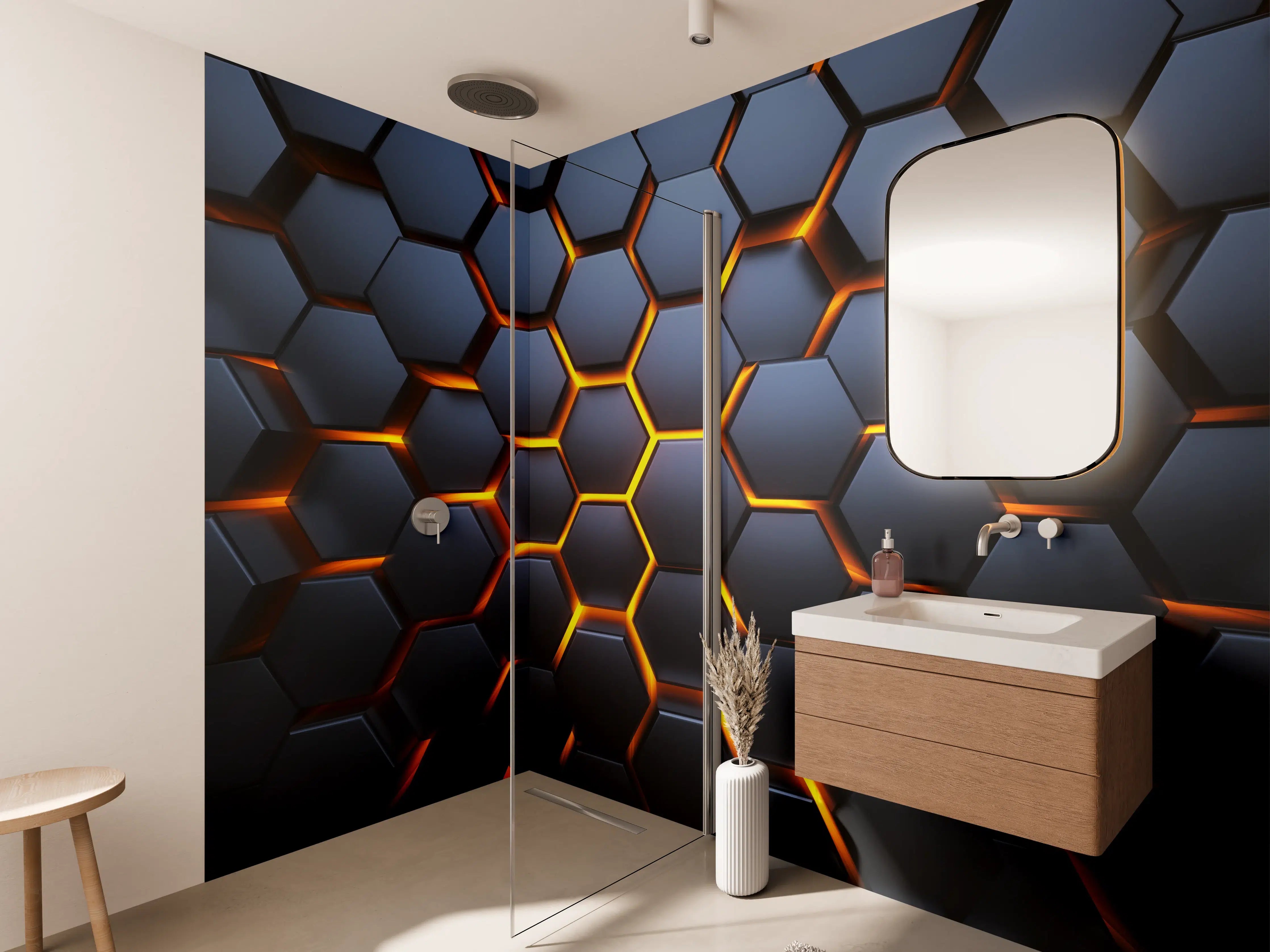 Wandverkleidung Bad - Hexagon-Muster in Blau-Orange
