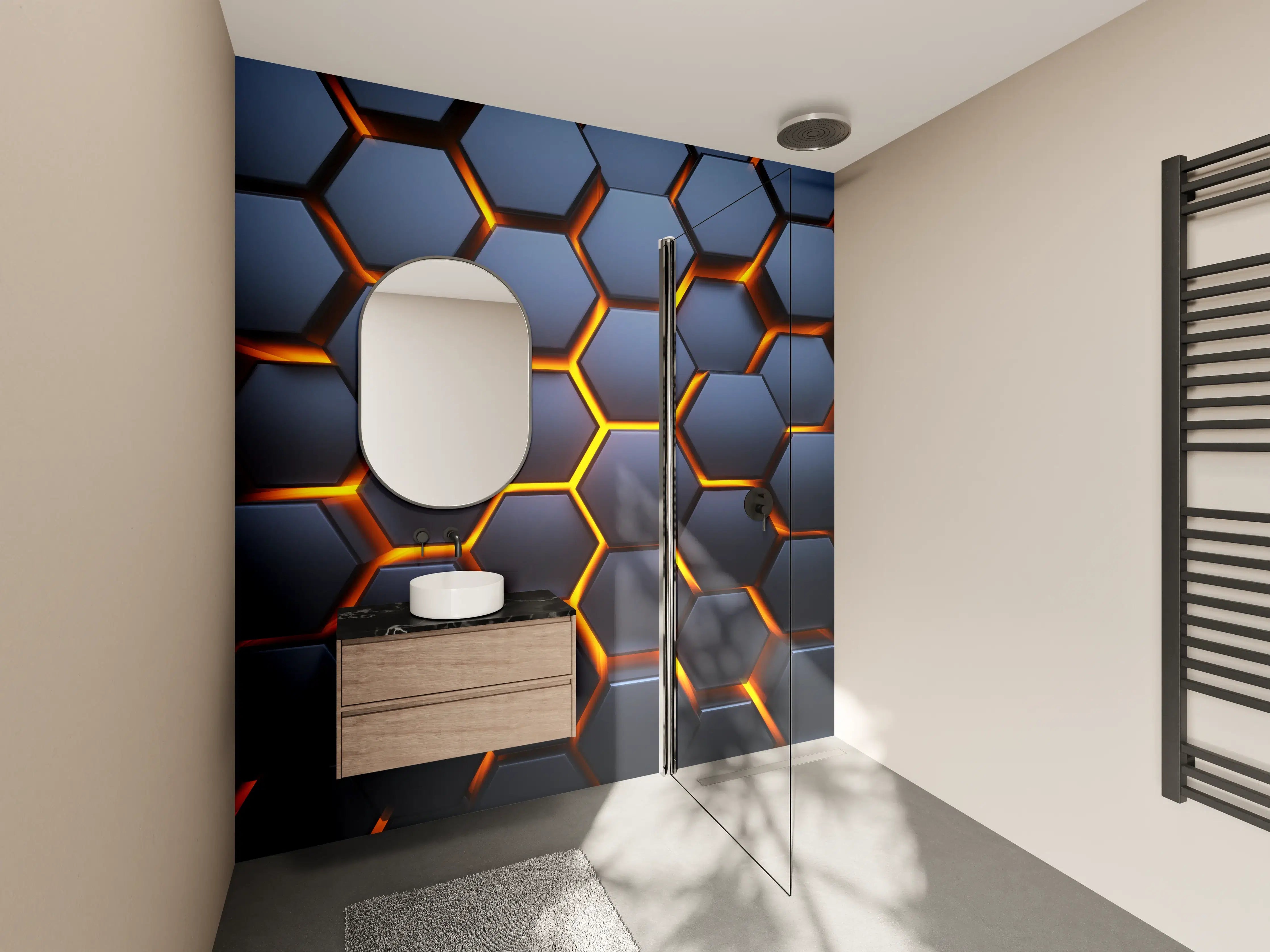 Wandverkleidung Bad - Hexagon-Muster in Blau-Orange
