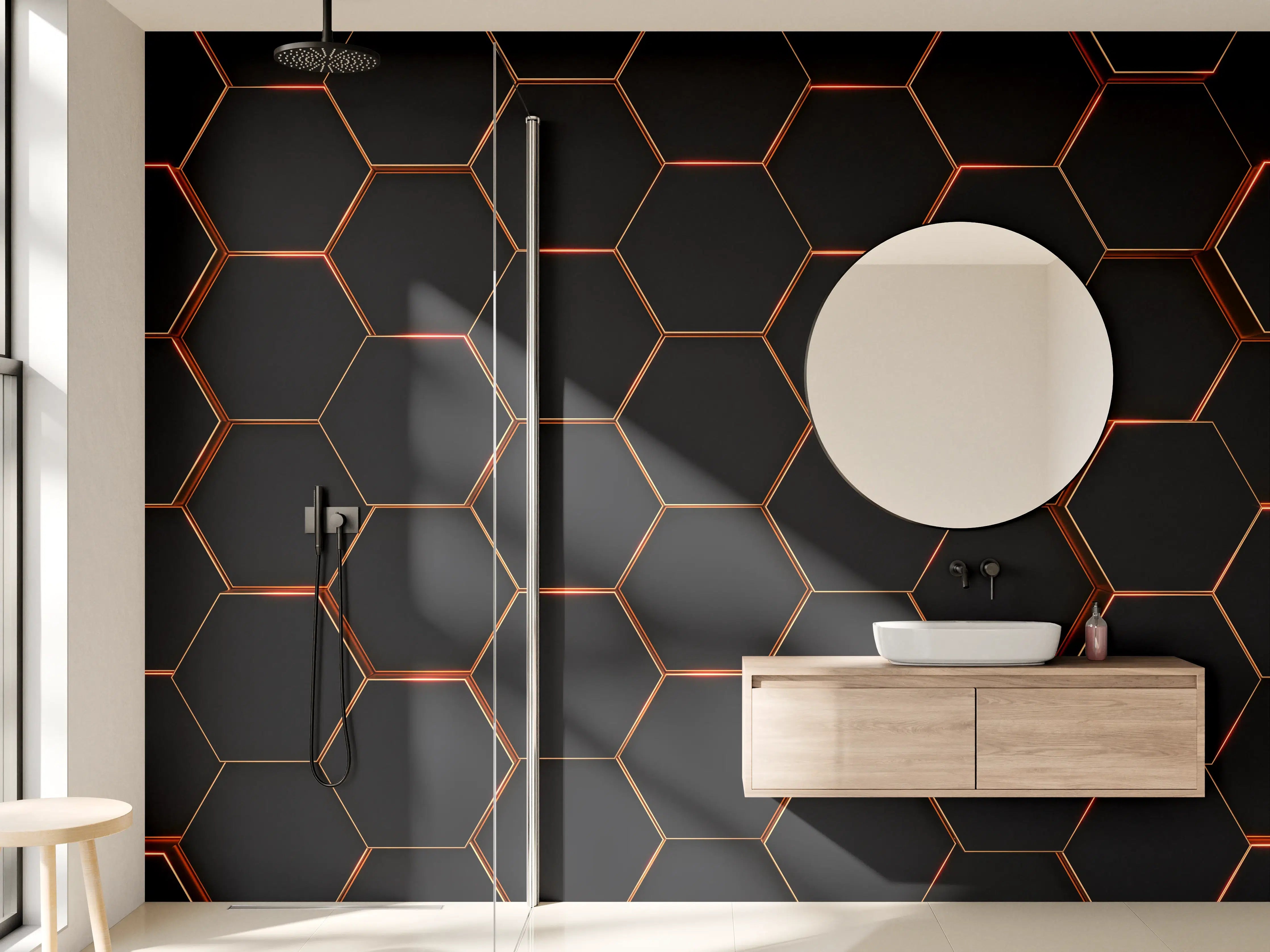 Wandverkleidung Bad - Hexagon Schwarz-Gold Muster