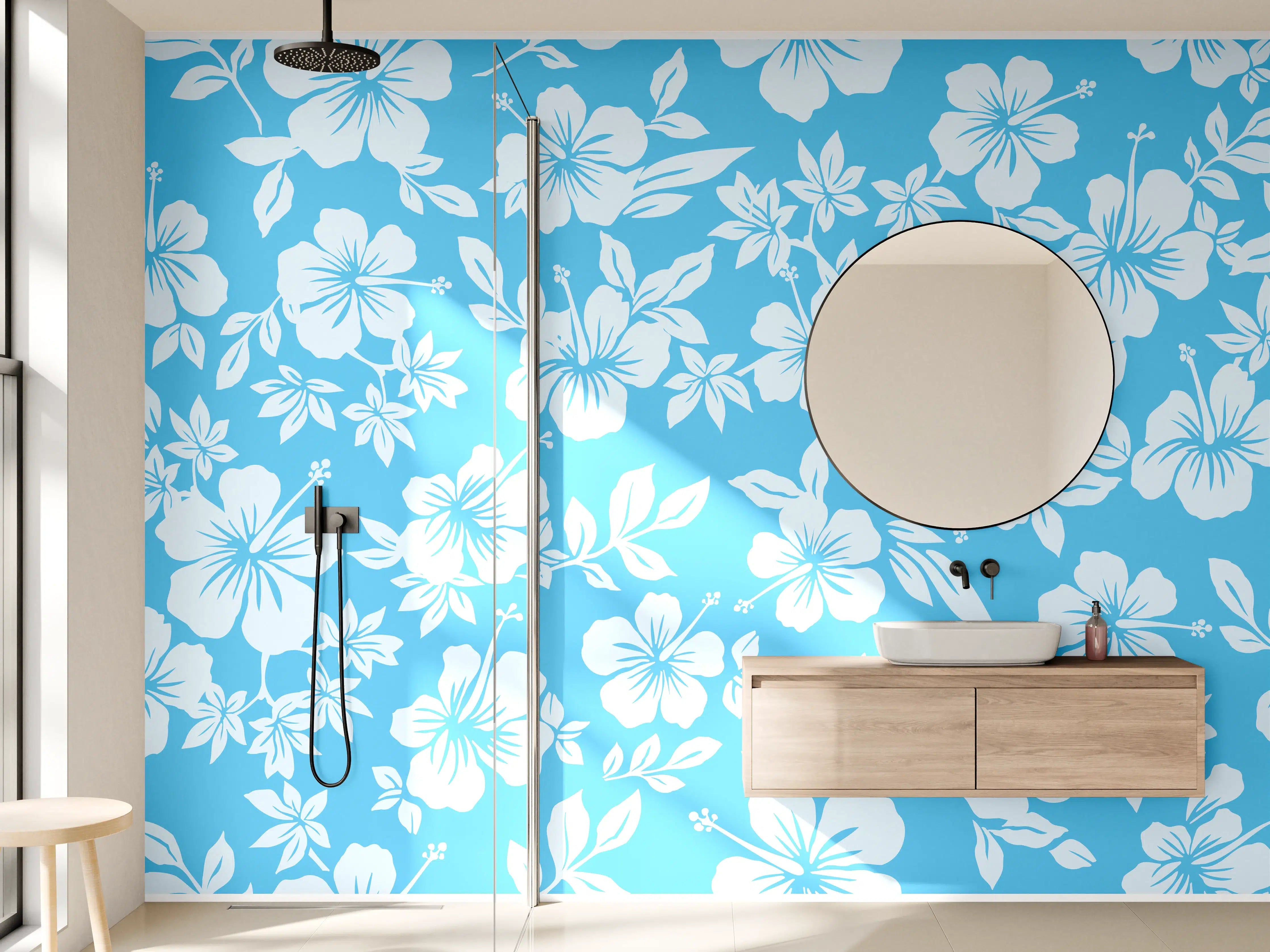 Wandverkleidung Bad - Hibiskus-Muster Hellblau