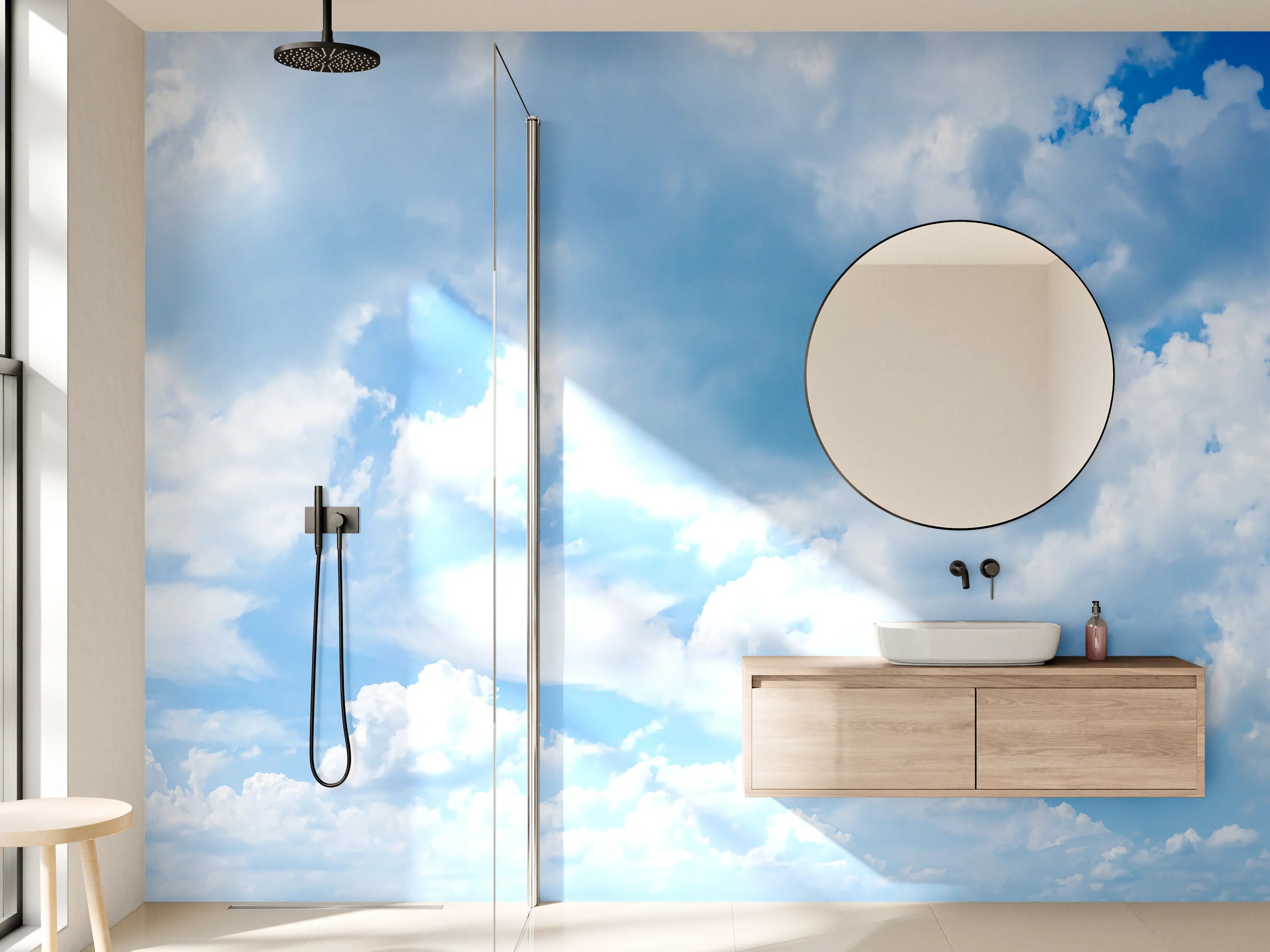 Wandverkleidung Bad - Himmel mit Wolken in lebendigen Blau- und Weißtönen