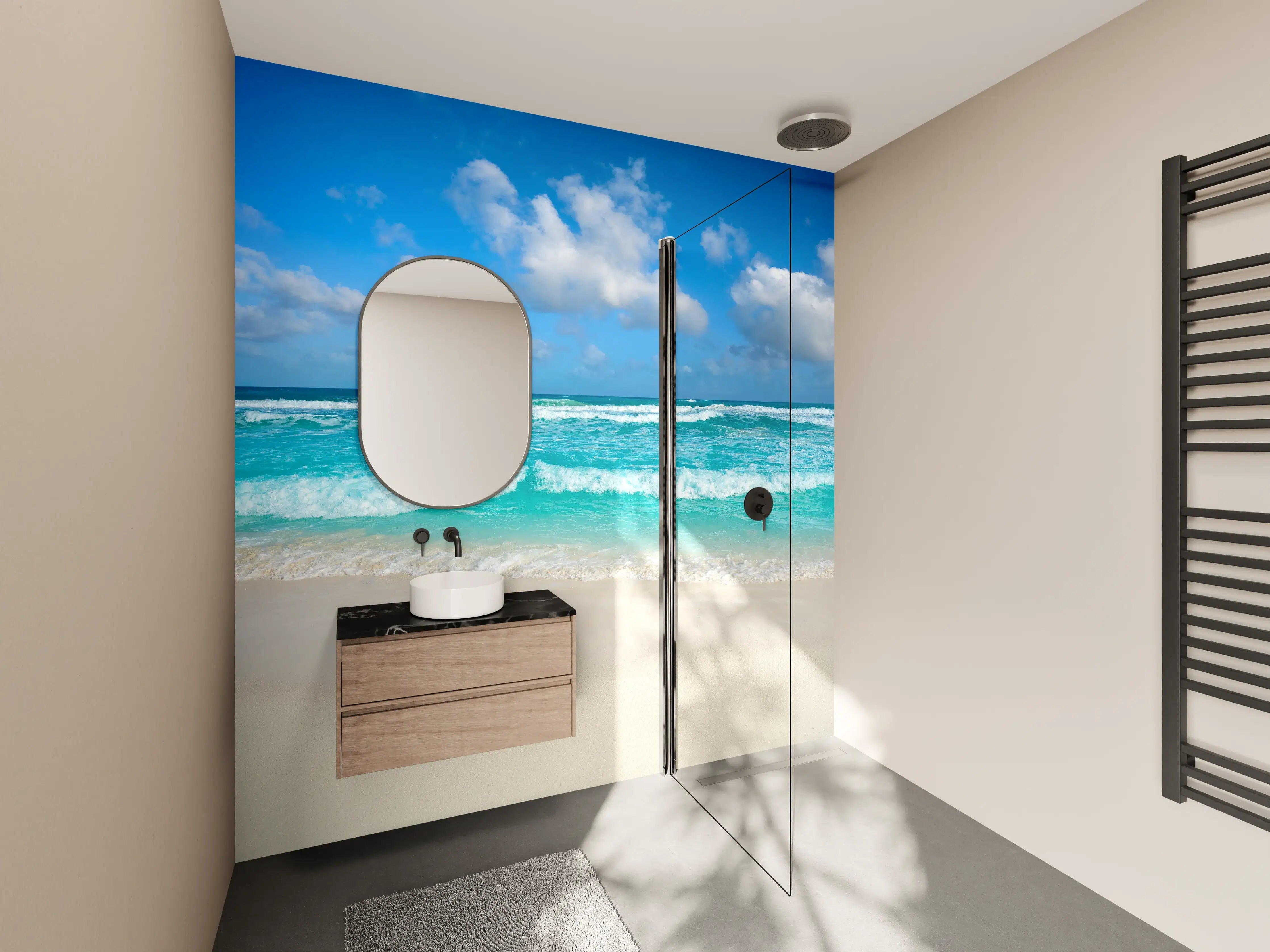 Wandverkleidung Bad - Himmel und Meer in Blau- und Weißtönen