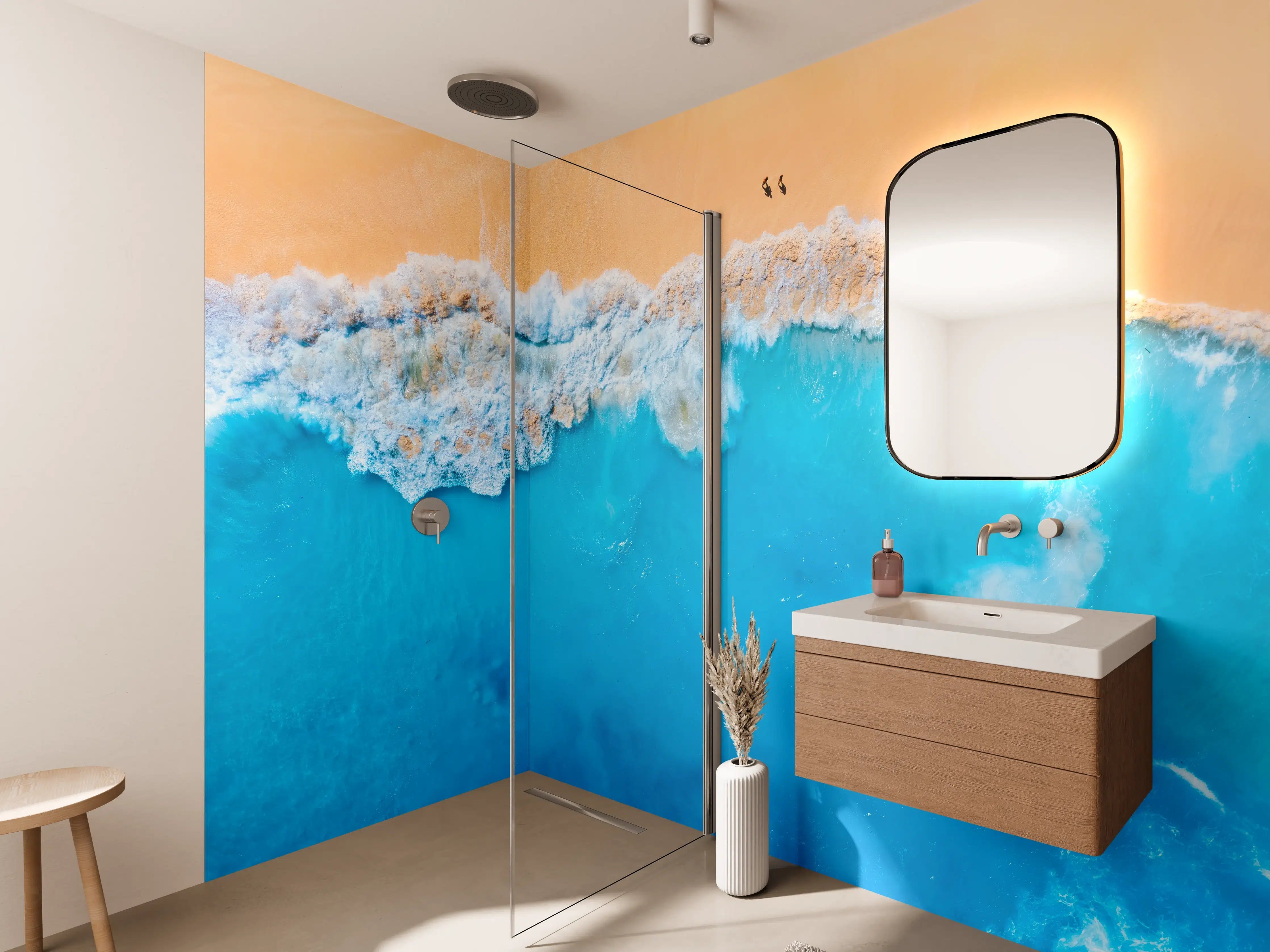 Wandverkleidung Bad - Himmel und Meer in sanften Blau- und Orangetönen