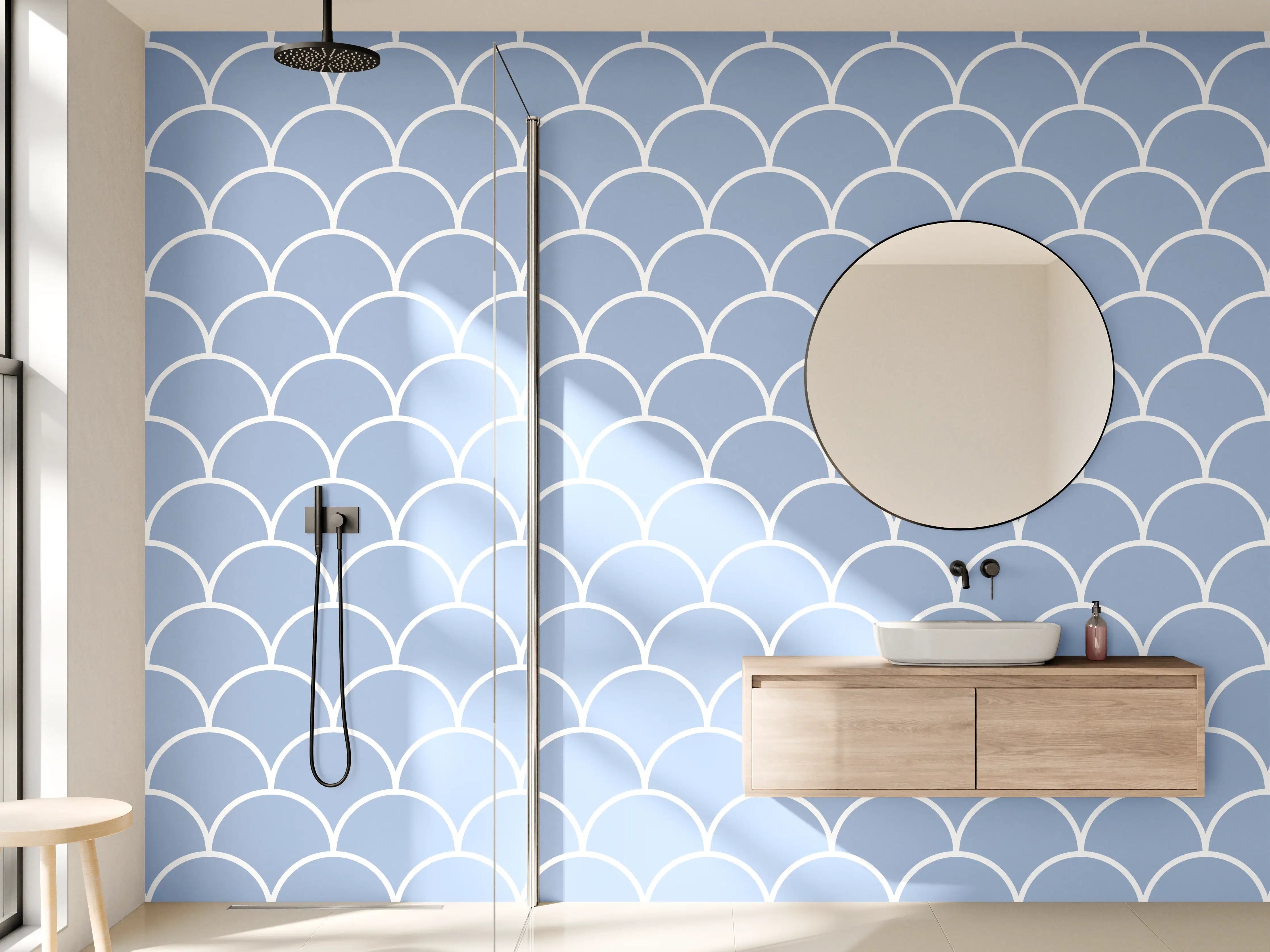 Wandverkleidung Bad - Himmel und Wasserfarben in sanften Blau- und Grautönen