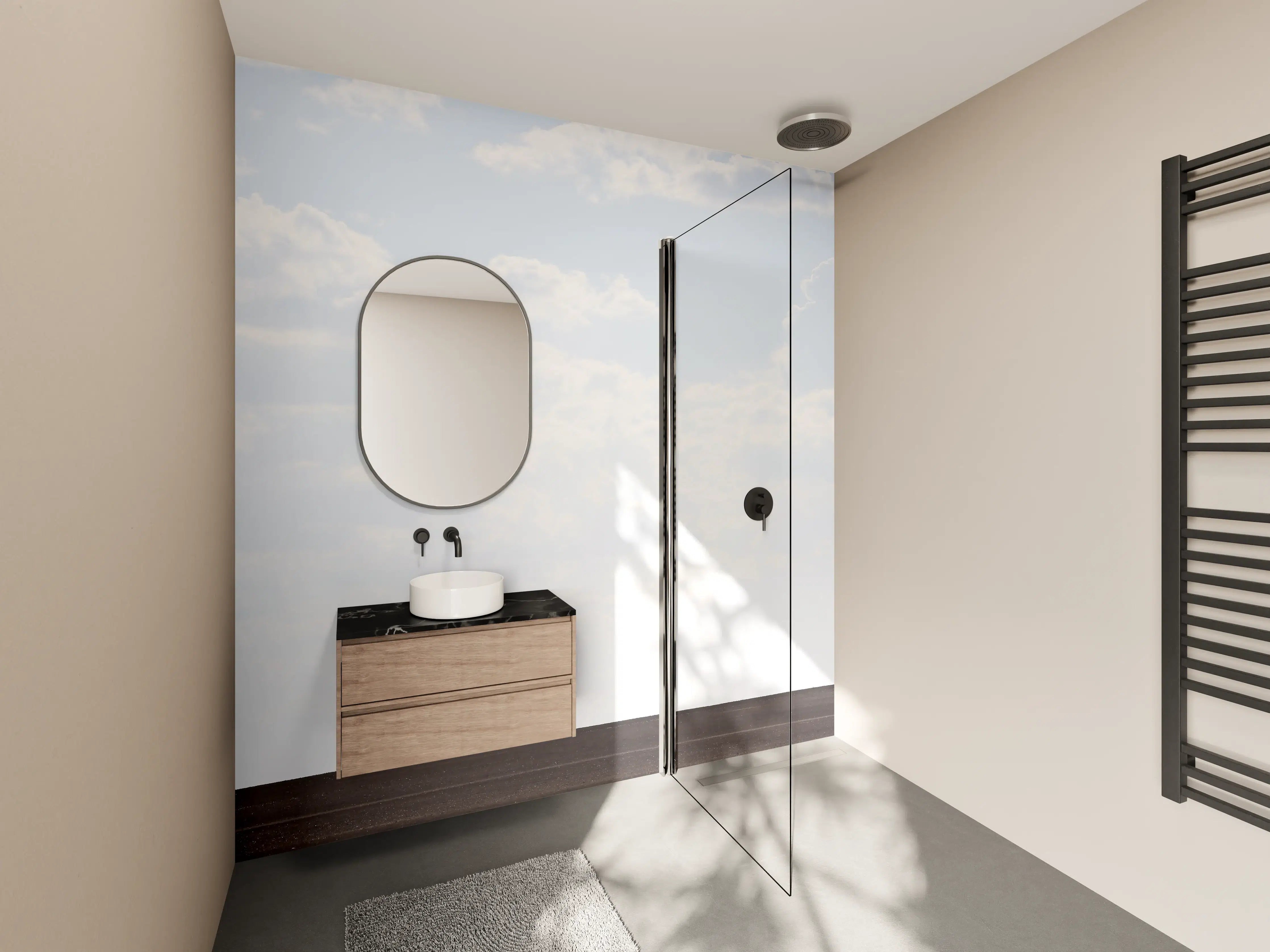 Wandverkleidung Bad - Himmelspaziergang mit einzelner Baum-Silhouette