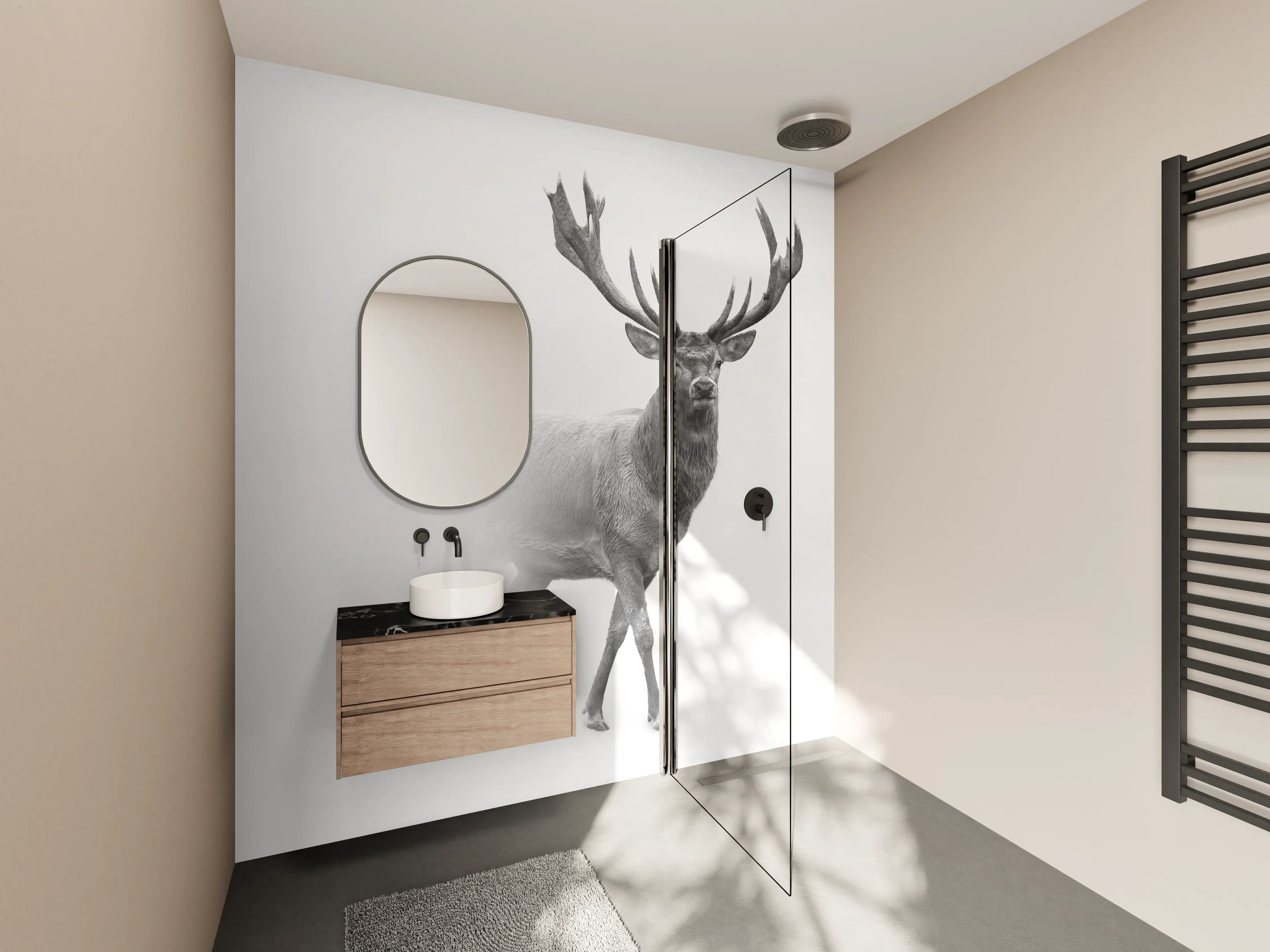 Wandverkleidung Bad - Hirsch Graustufenbild
