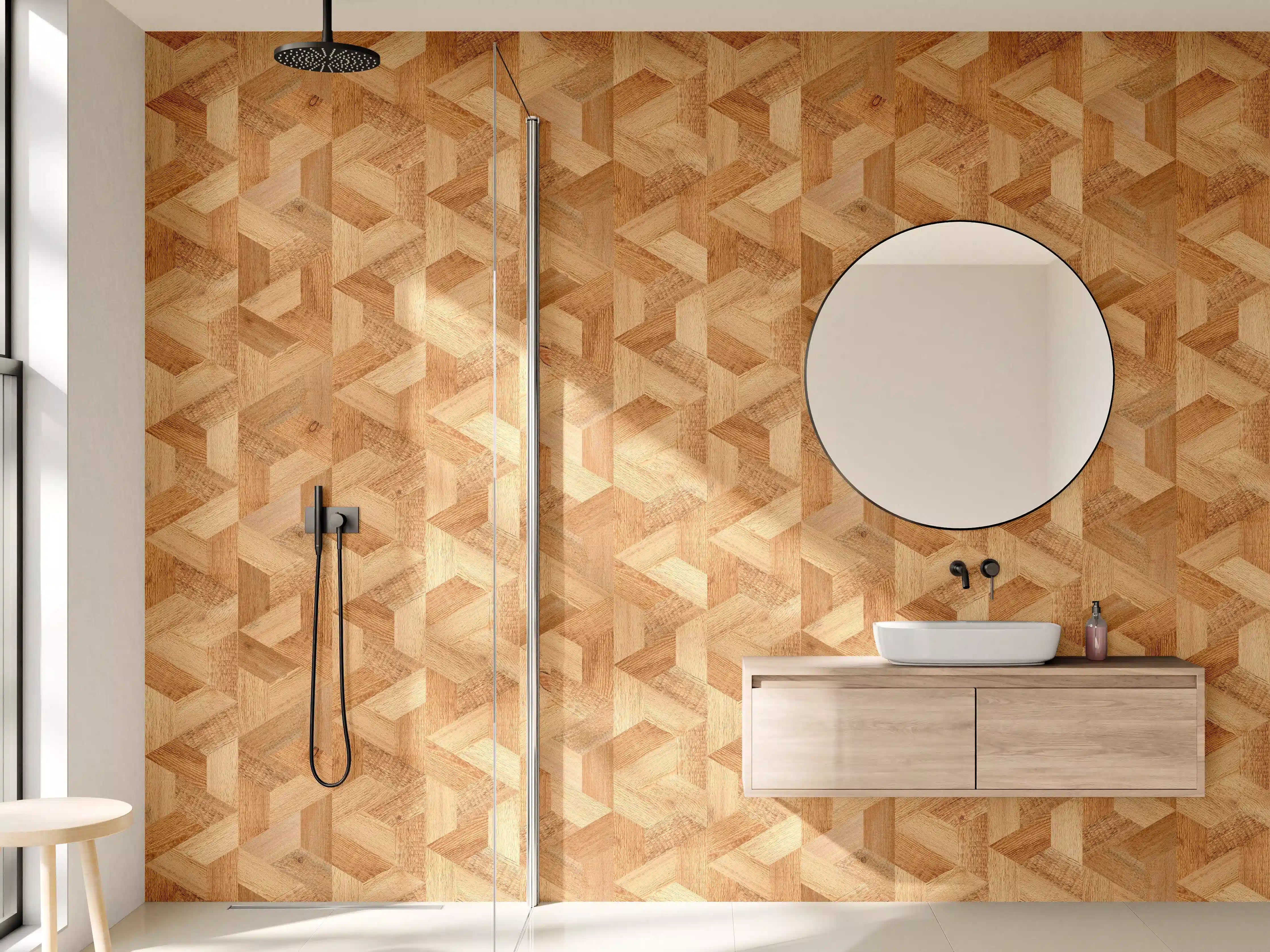 Wandverkleidung Bad - Hochwertige Holzoptik mit geometrischem Muster