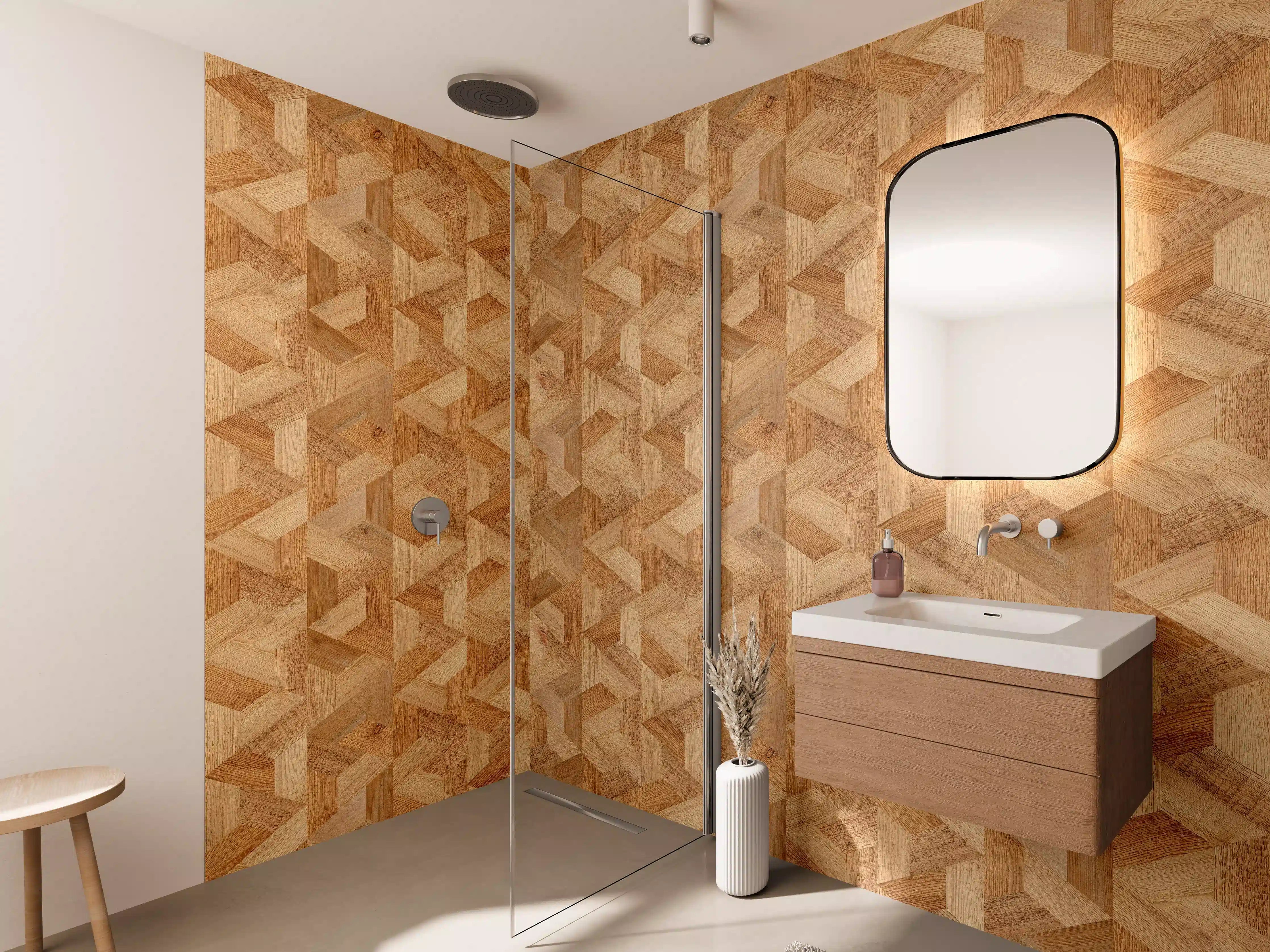 Wandverkleidung Bad - Hochwertige Holzoptik mit geometrischem Muster
