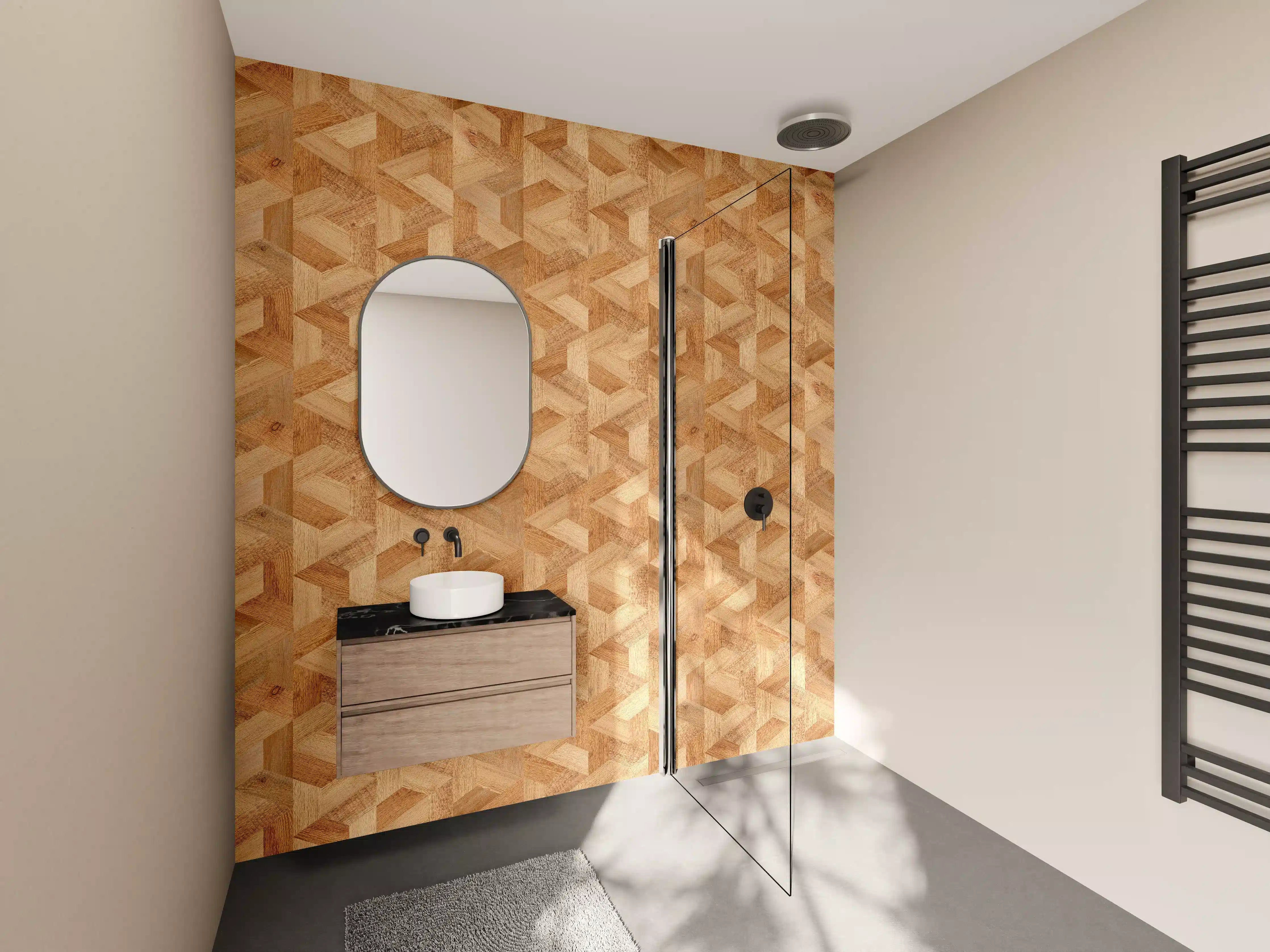Wandverkleidung Bad - Hochwertige Holzoptik mit geometrischem Muster