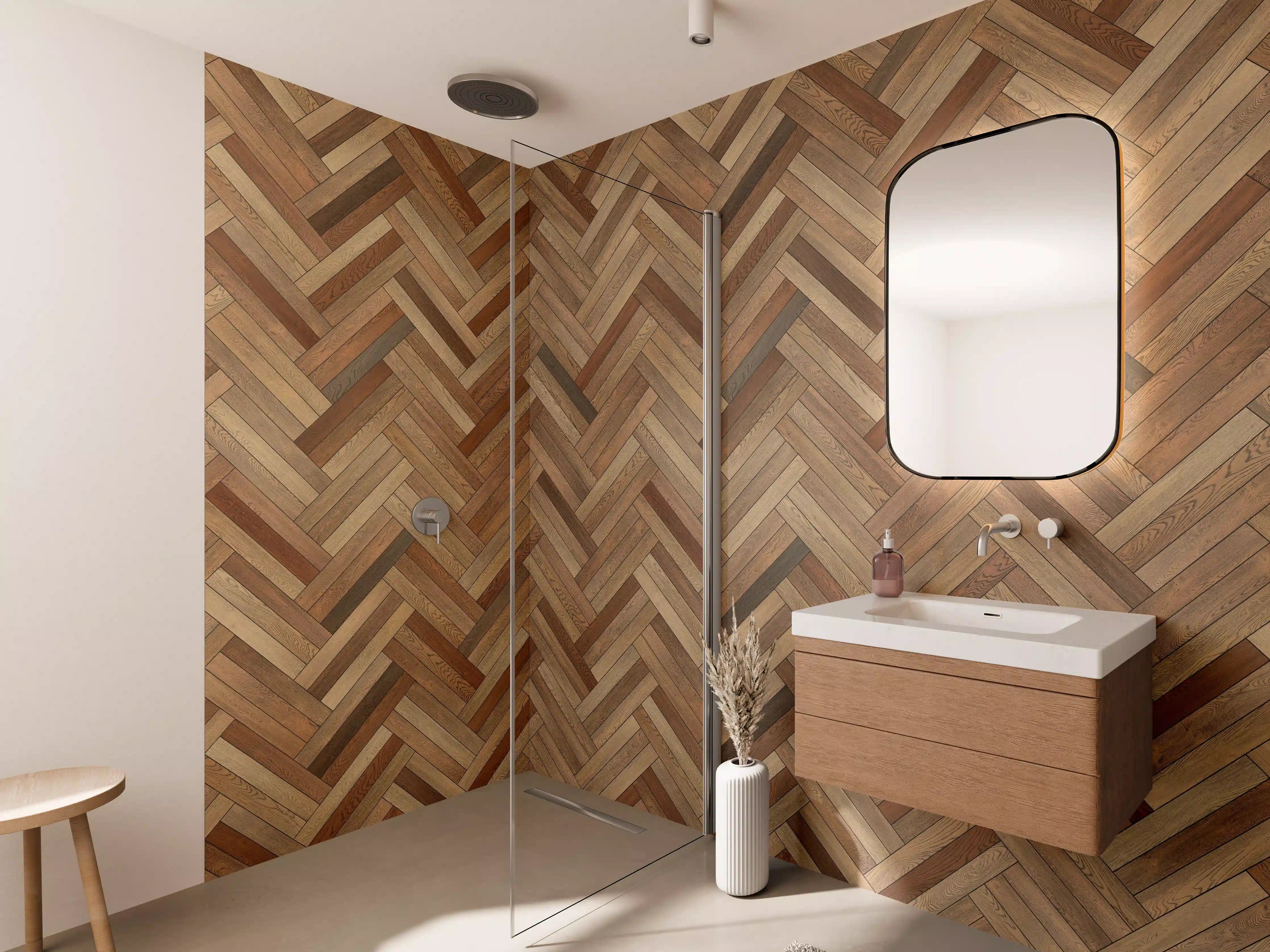 Wandverkleidung Bad - Hochwertige Holzwand im Wärmebraun