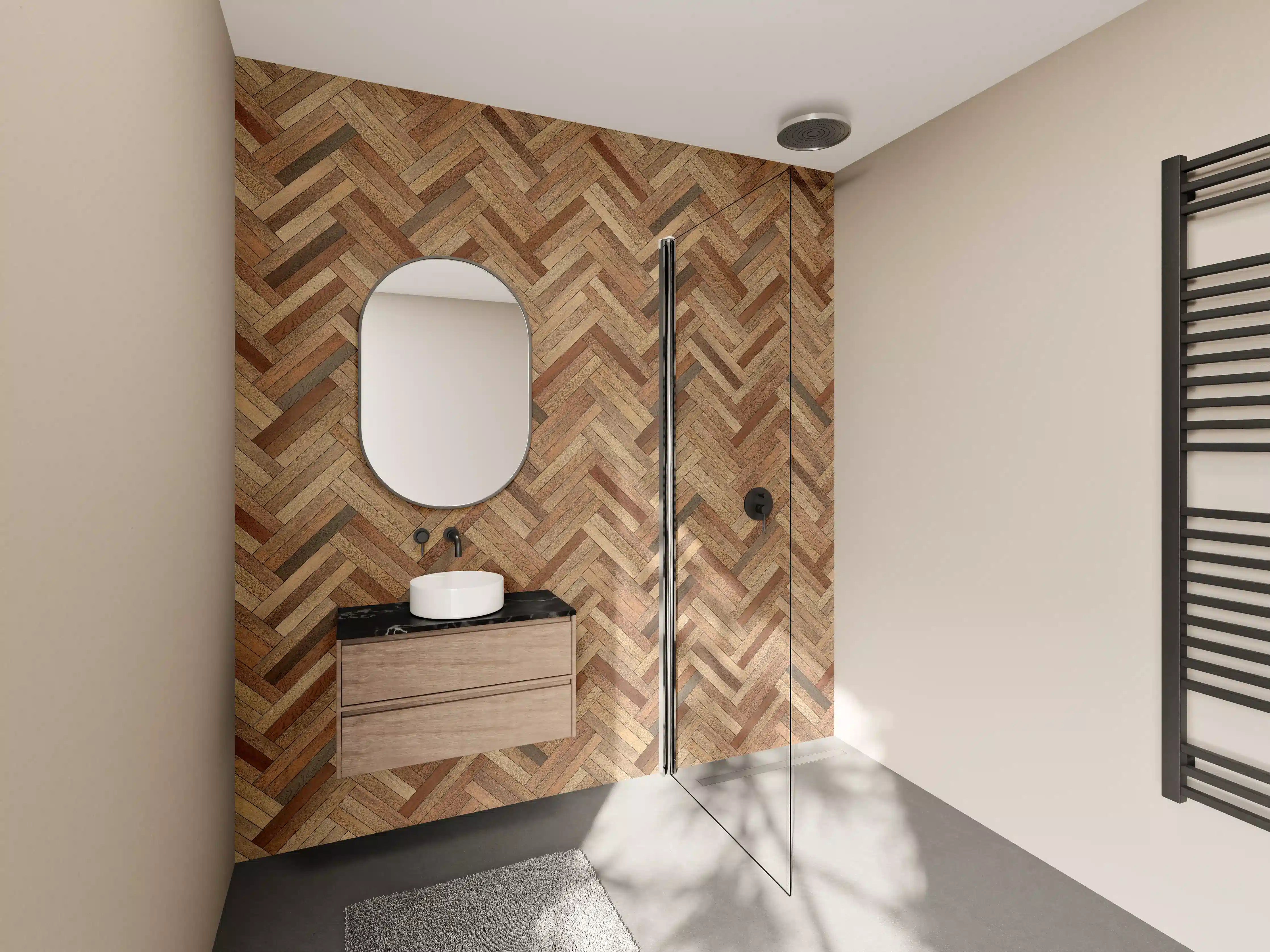 Wandverkleidung Bad - Hochwertige Holzwand im Wärmebraun