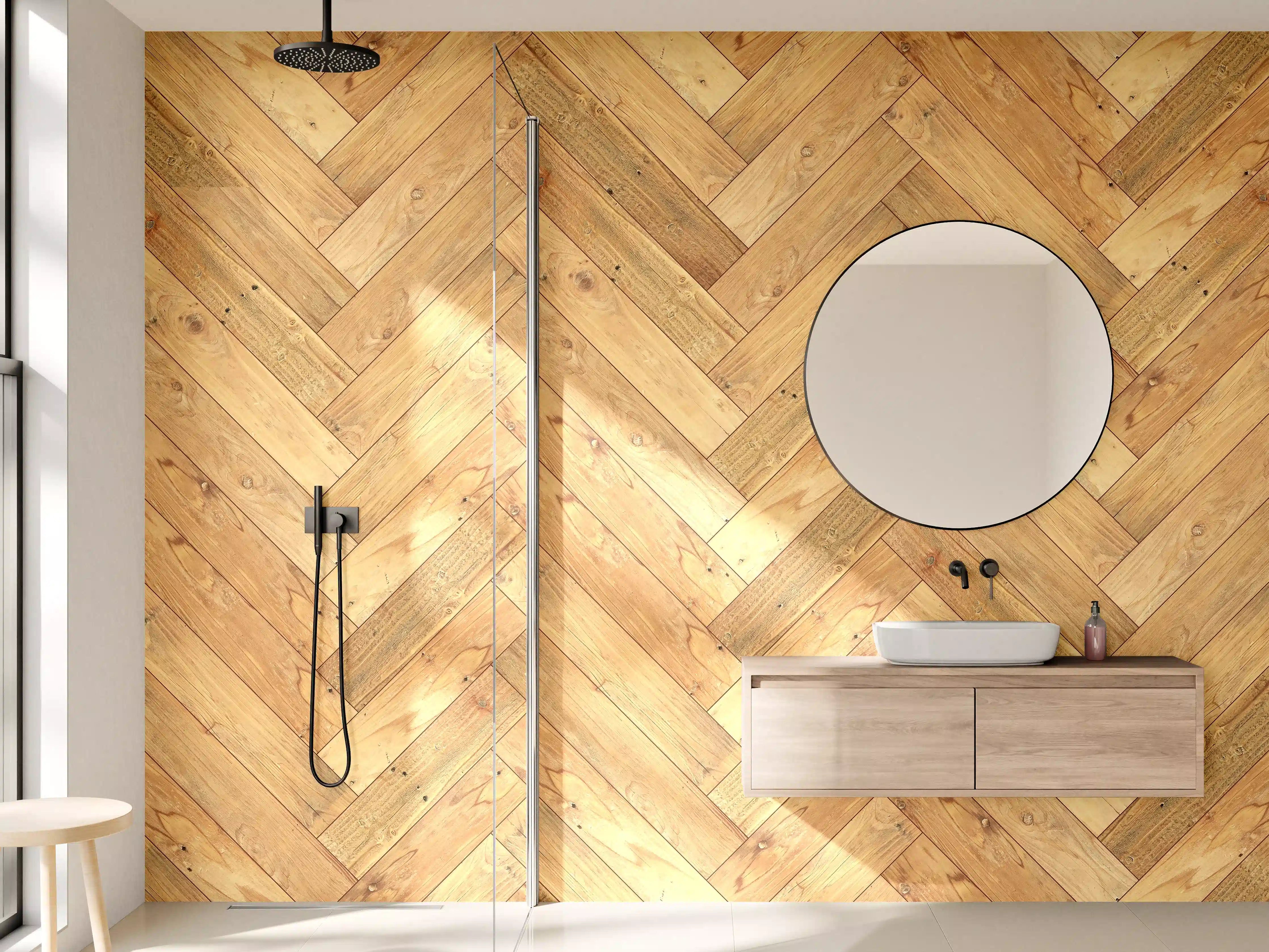Wandverkleidung Bad - Hochwertiger Holzboden mit eleganter Herringbone-Musterung