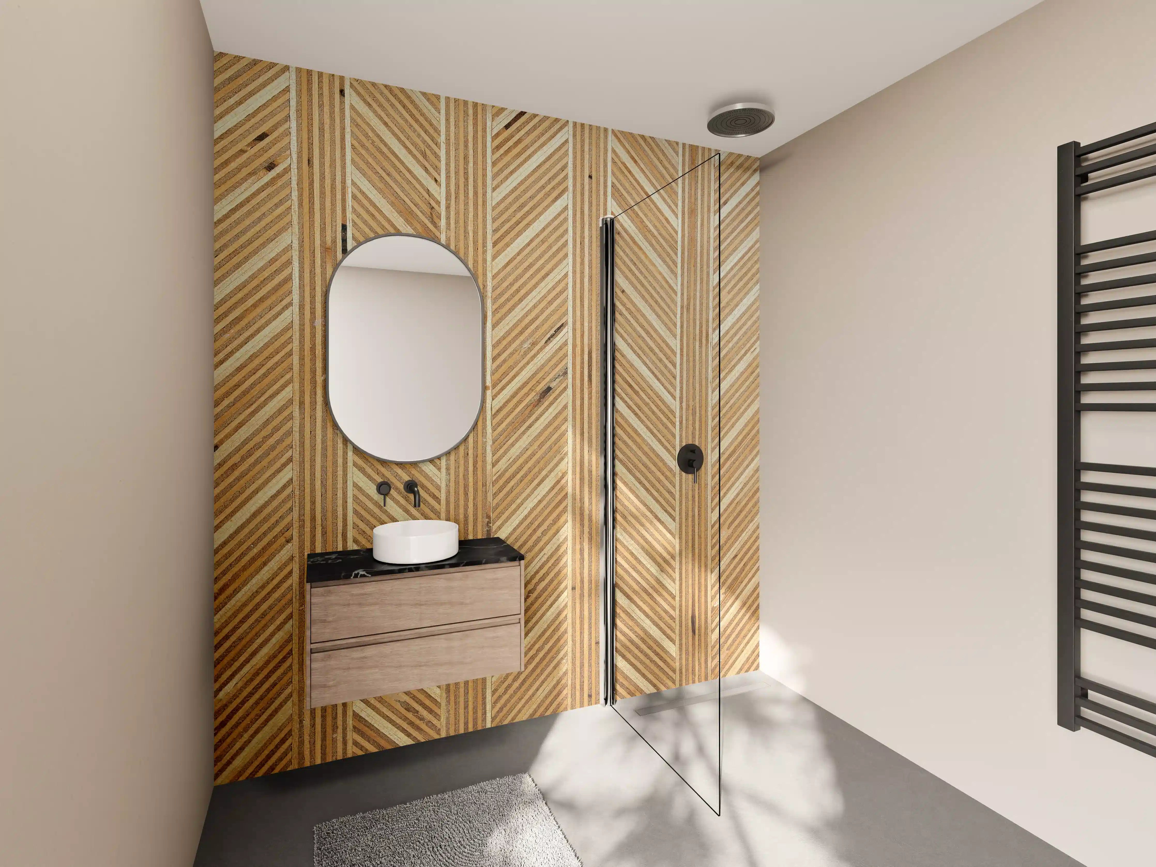 Wandverkleidung Bad - Holz-Lamellen in natürlicher Optik