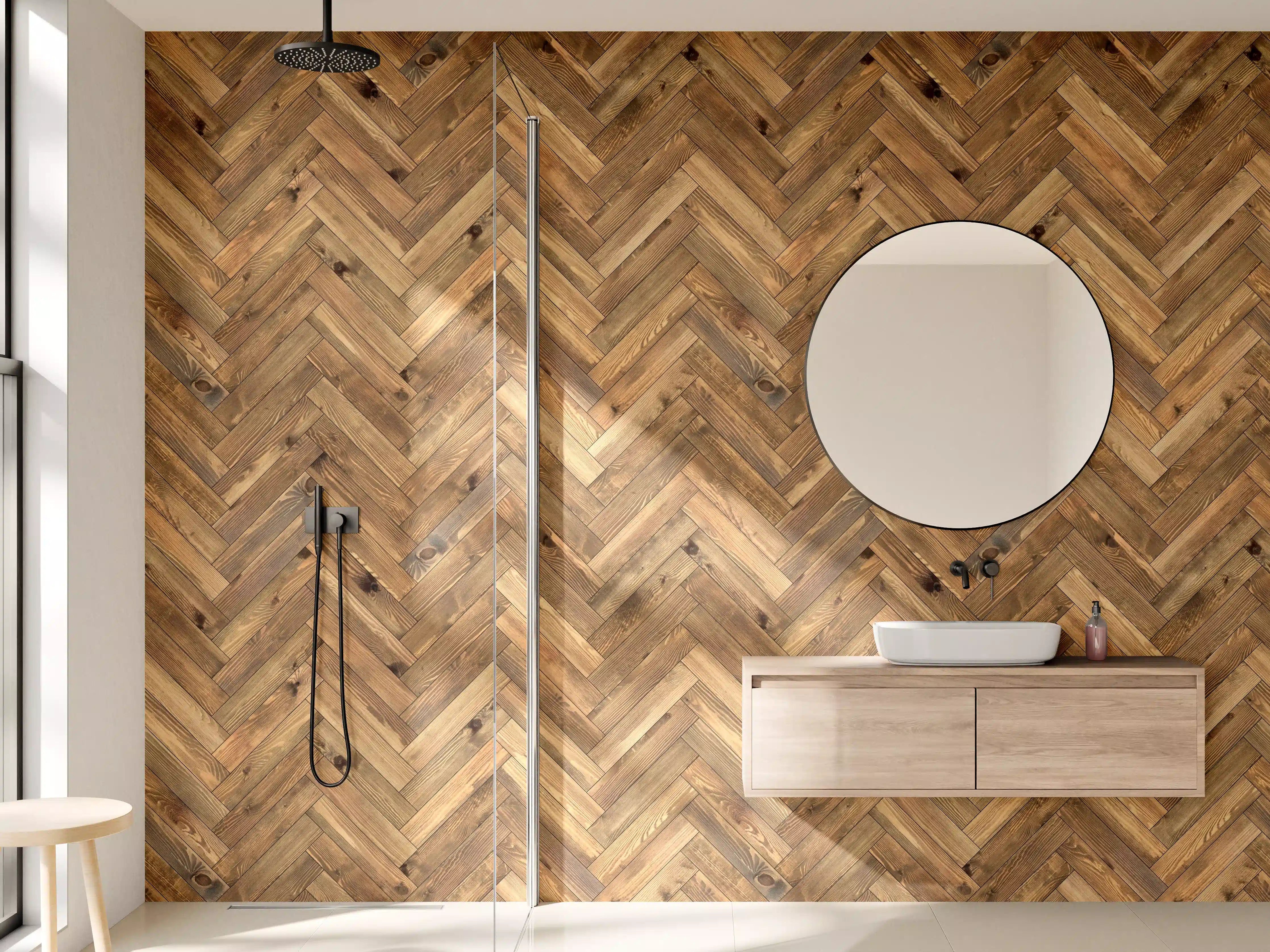 Wandverkleidung Bad - Holz mit Zickzack-Muster