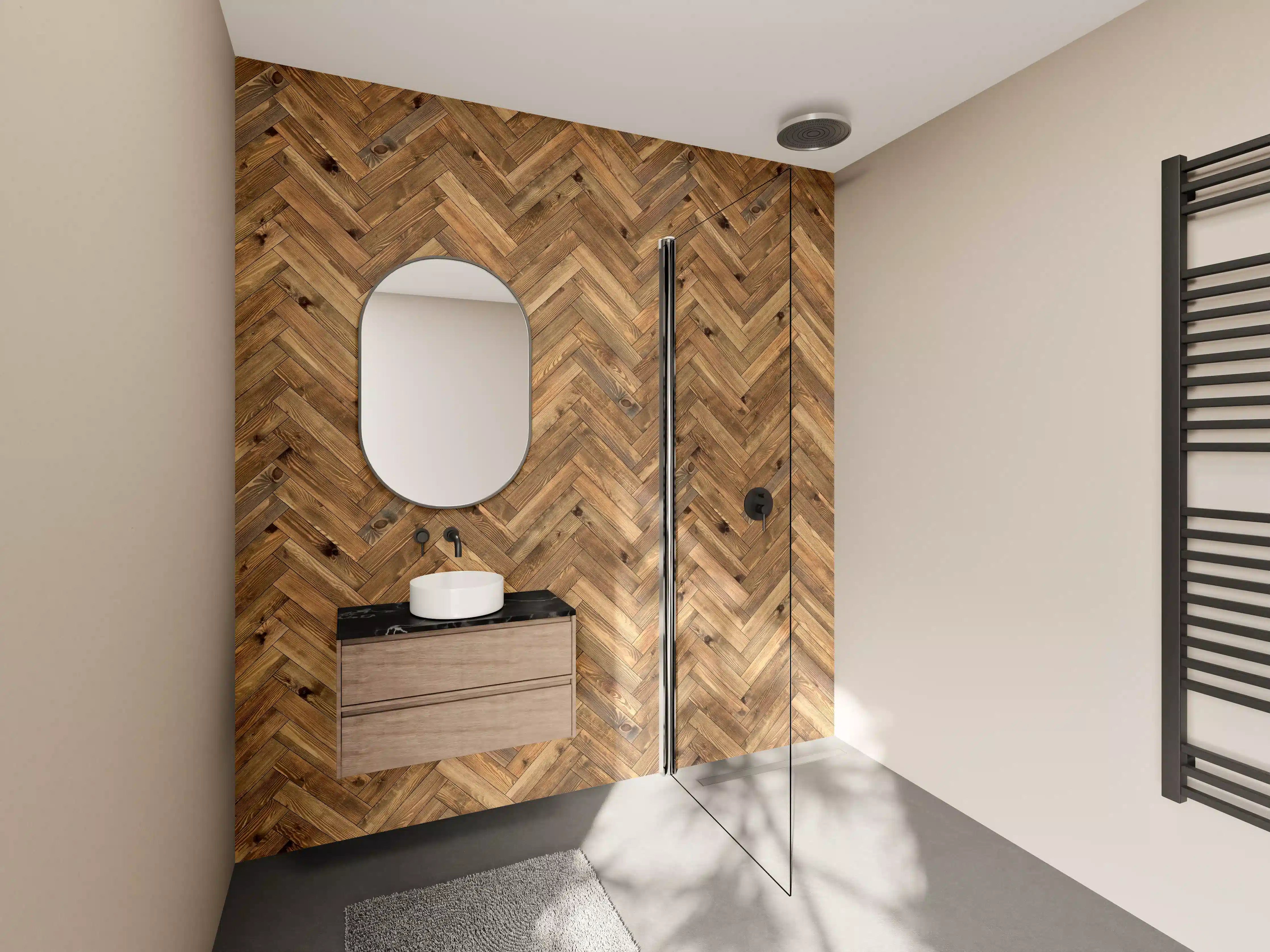 Wandverkleidung Bad - Holz mit Zickzack-Muster