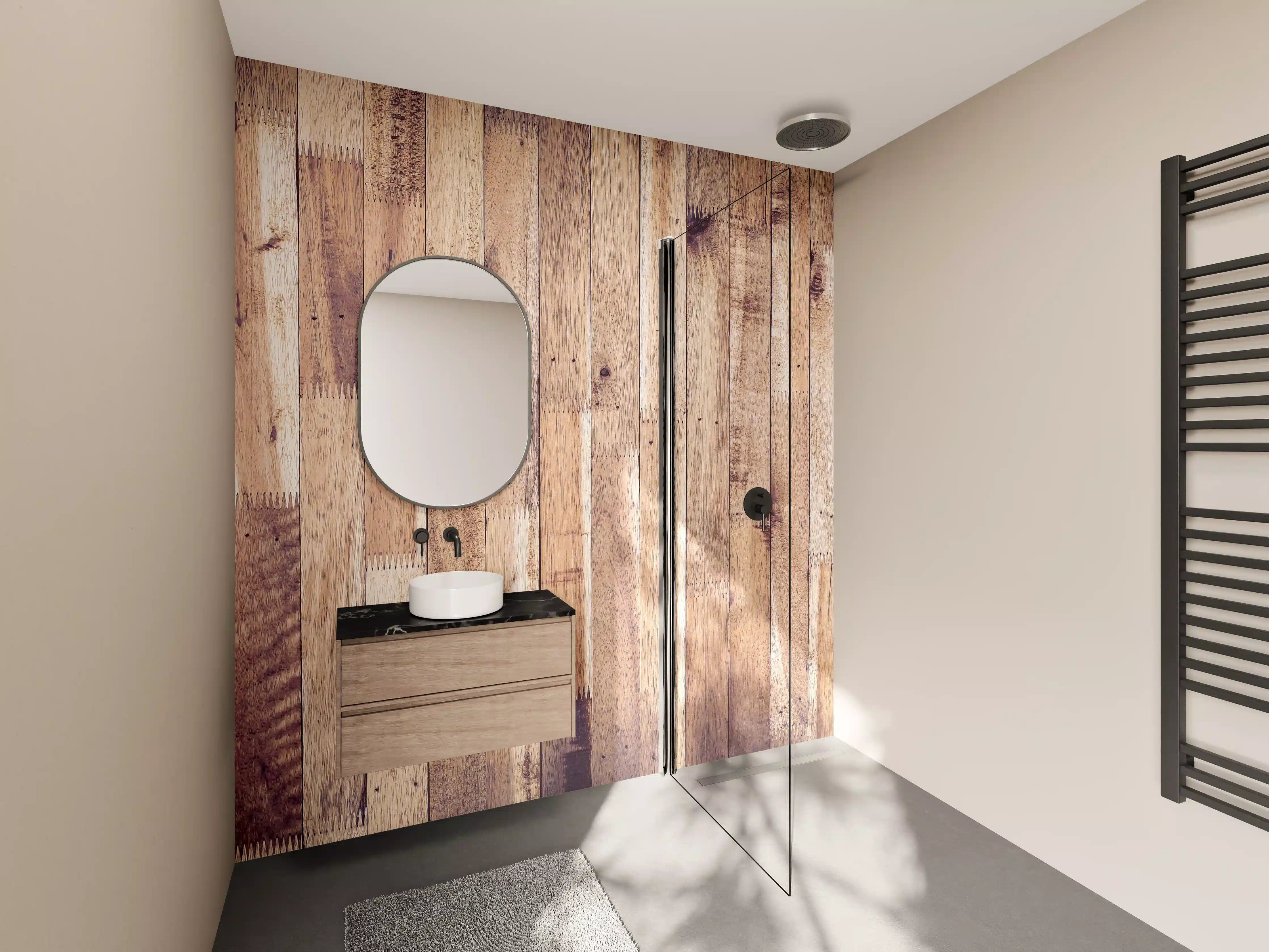 Wandverkleidung Bad - Holzbohlen in warmen Tönen