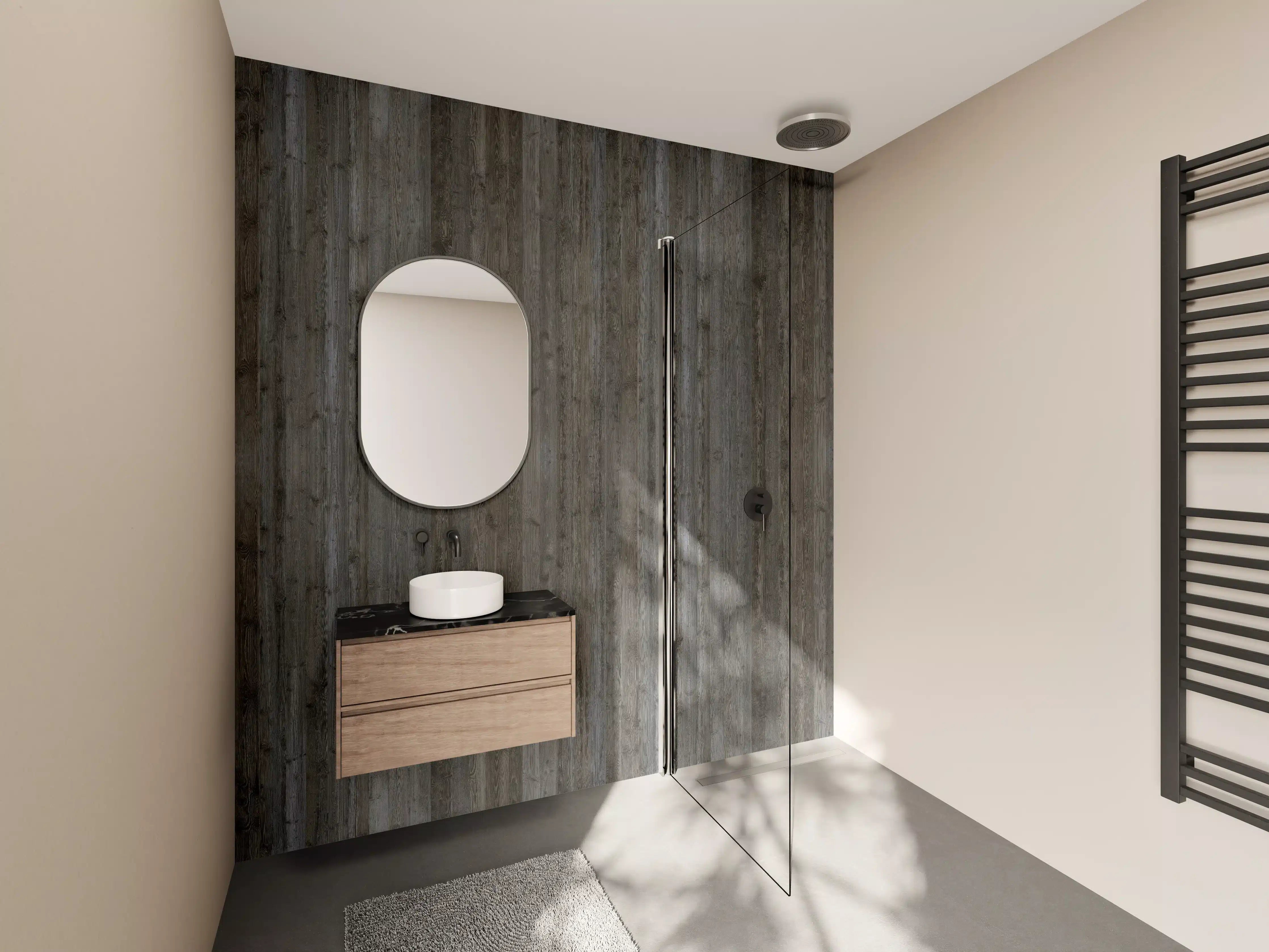 Wandverkleidung Bad - Holzoptik mit dunklen Tönen
