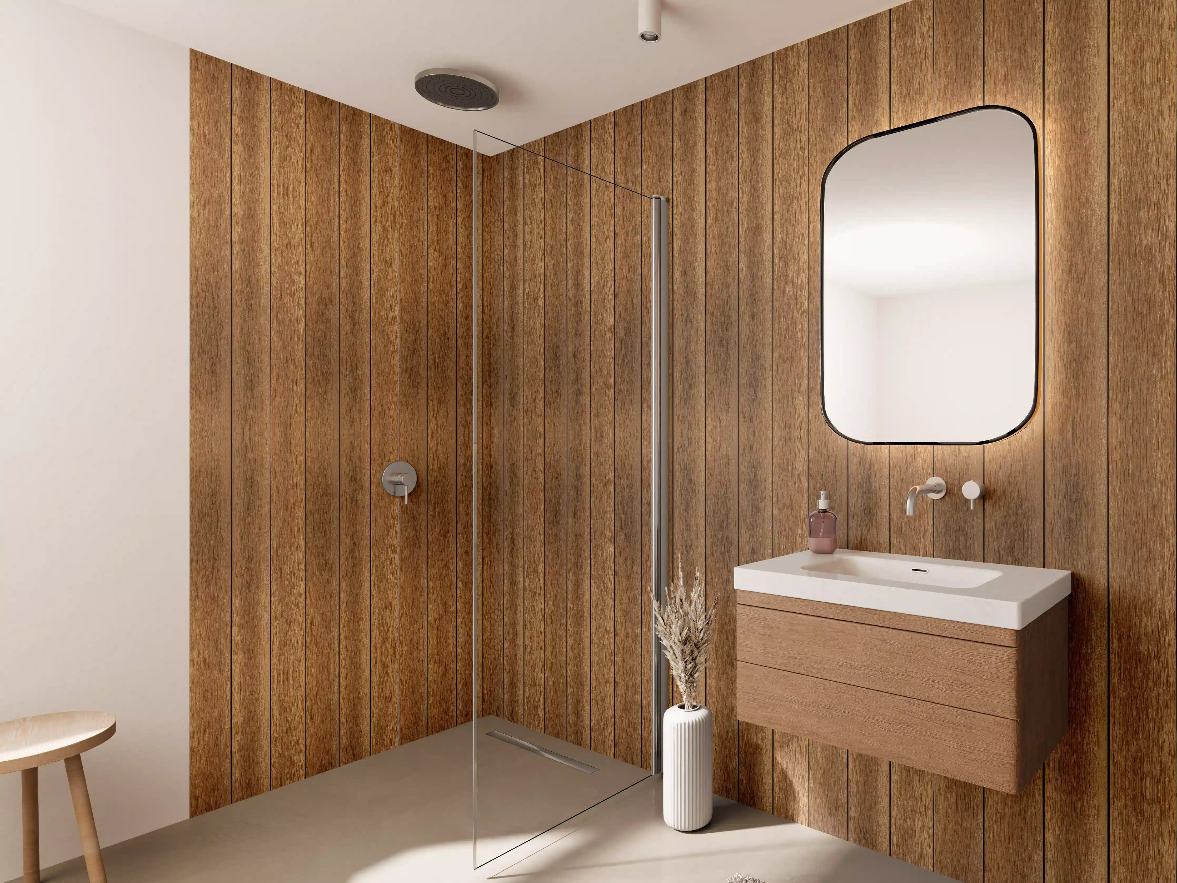 Wandverkleidung Bad - Holzpaneel mit warmem Braun-Ton