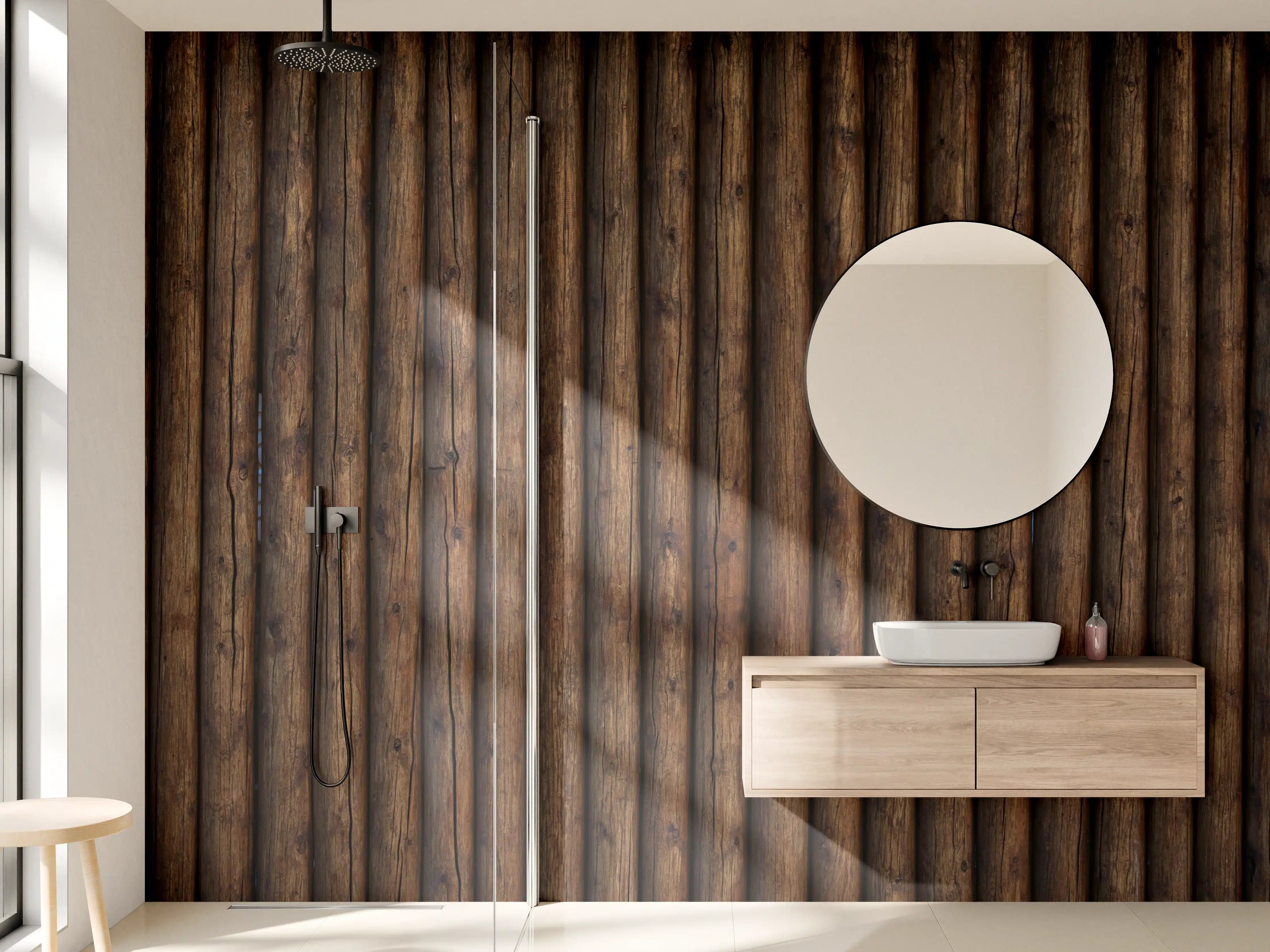 Wandverkleidung Bad - Holzpaneele in dunkler Optik