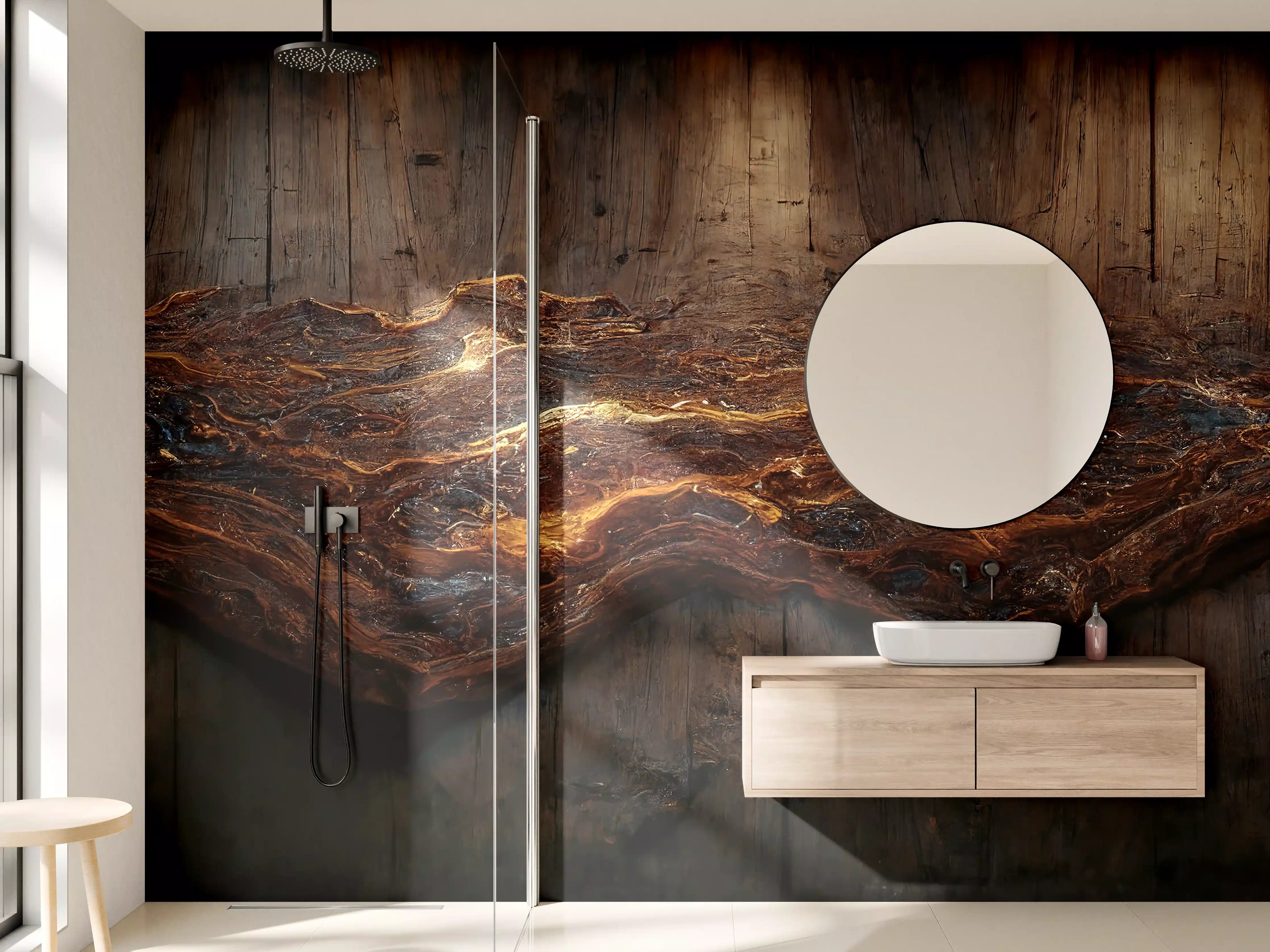 Wandverkleidung Bad - Holzplatte mit blauem Epoxid