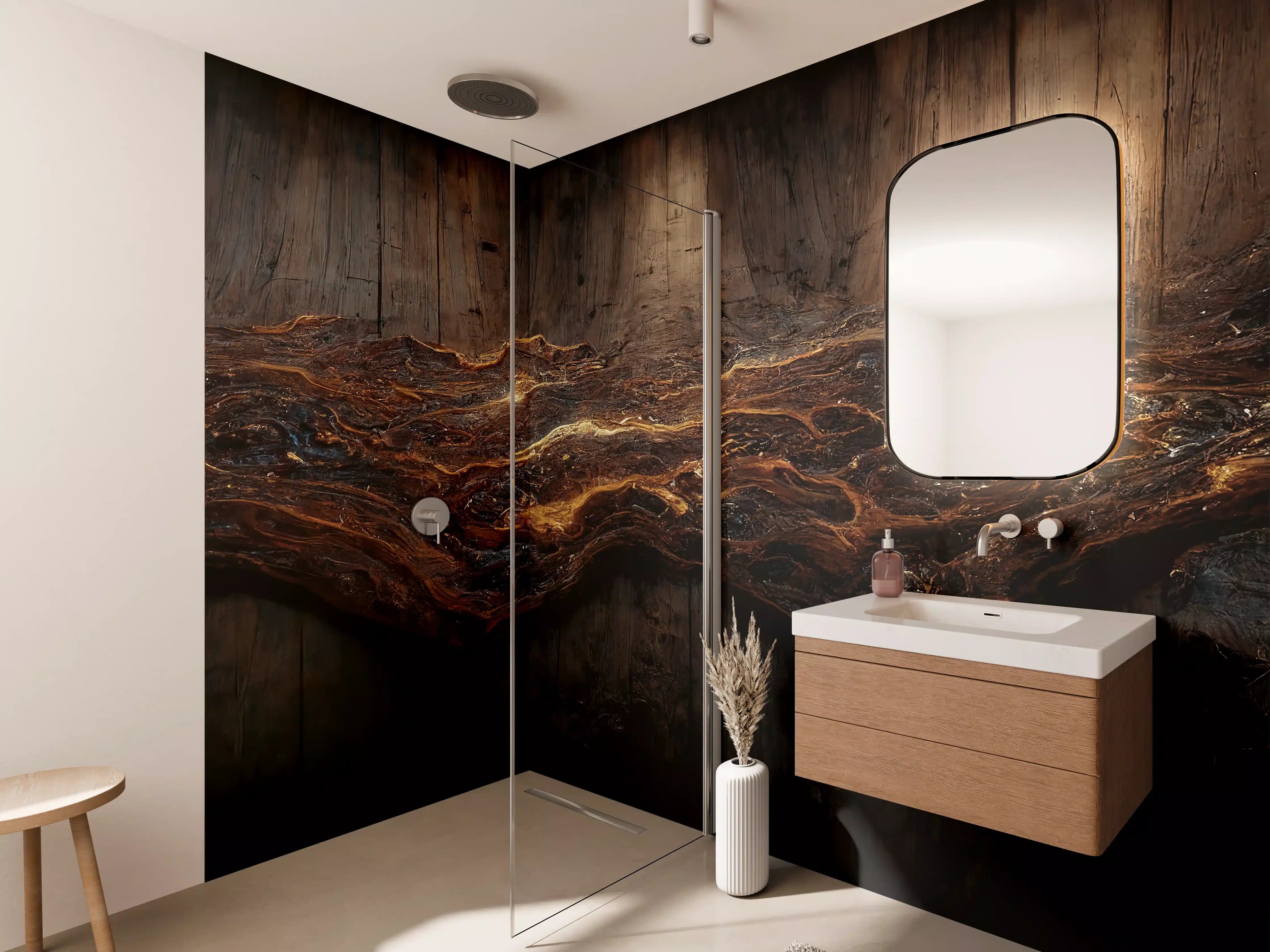 Wandverkleidung Bad - Holzplatte mit blauem Epoxid