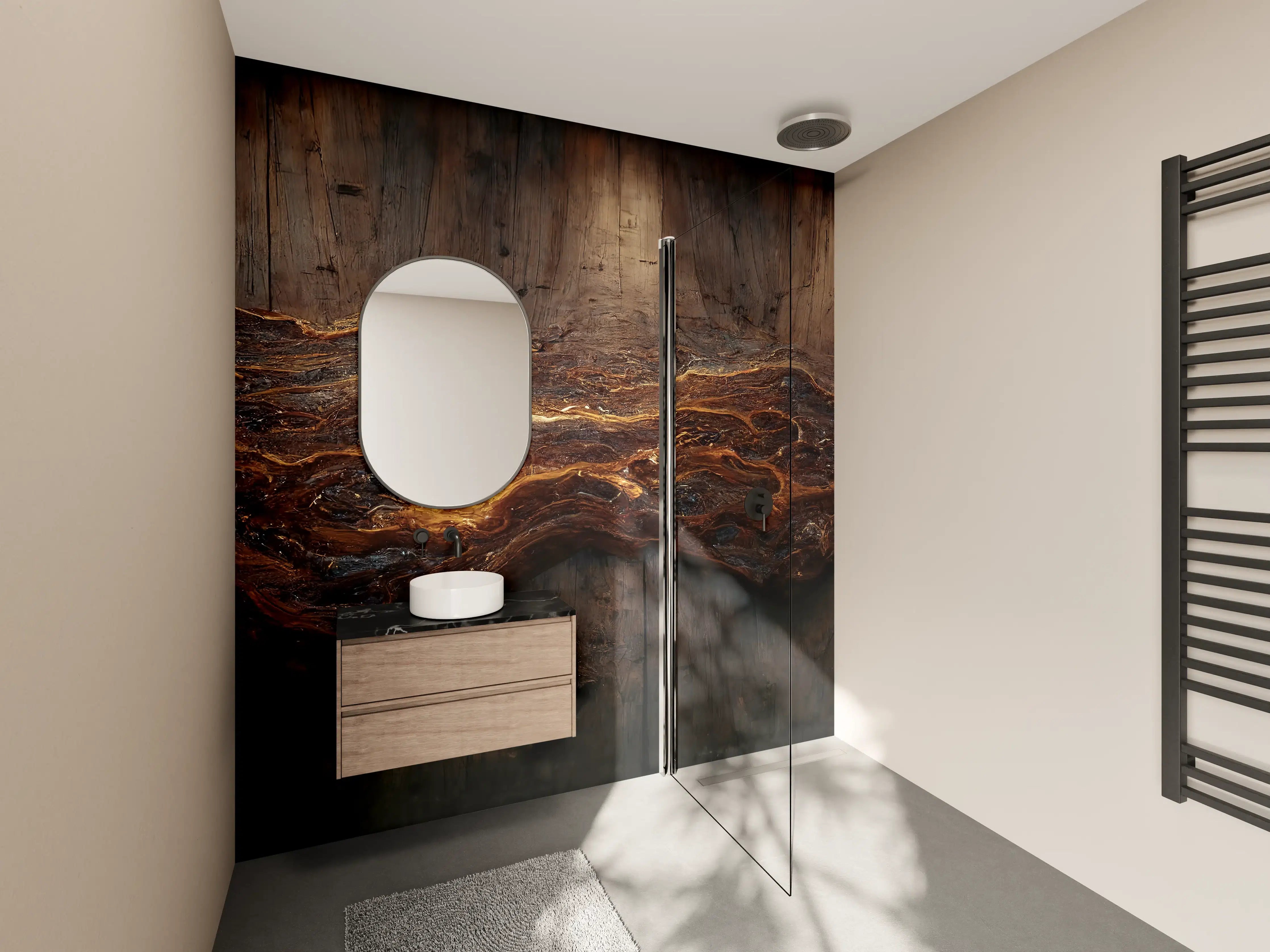 Wandverkleidung Bad - Holzplatte mit blauem Epoxid