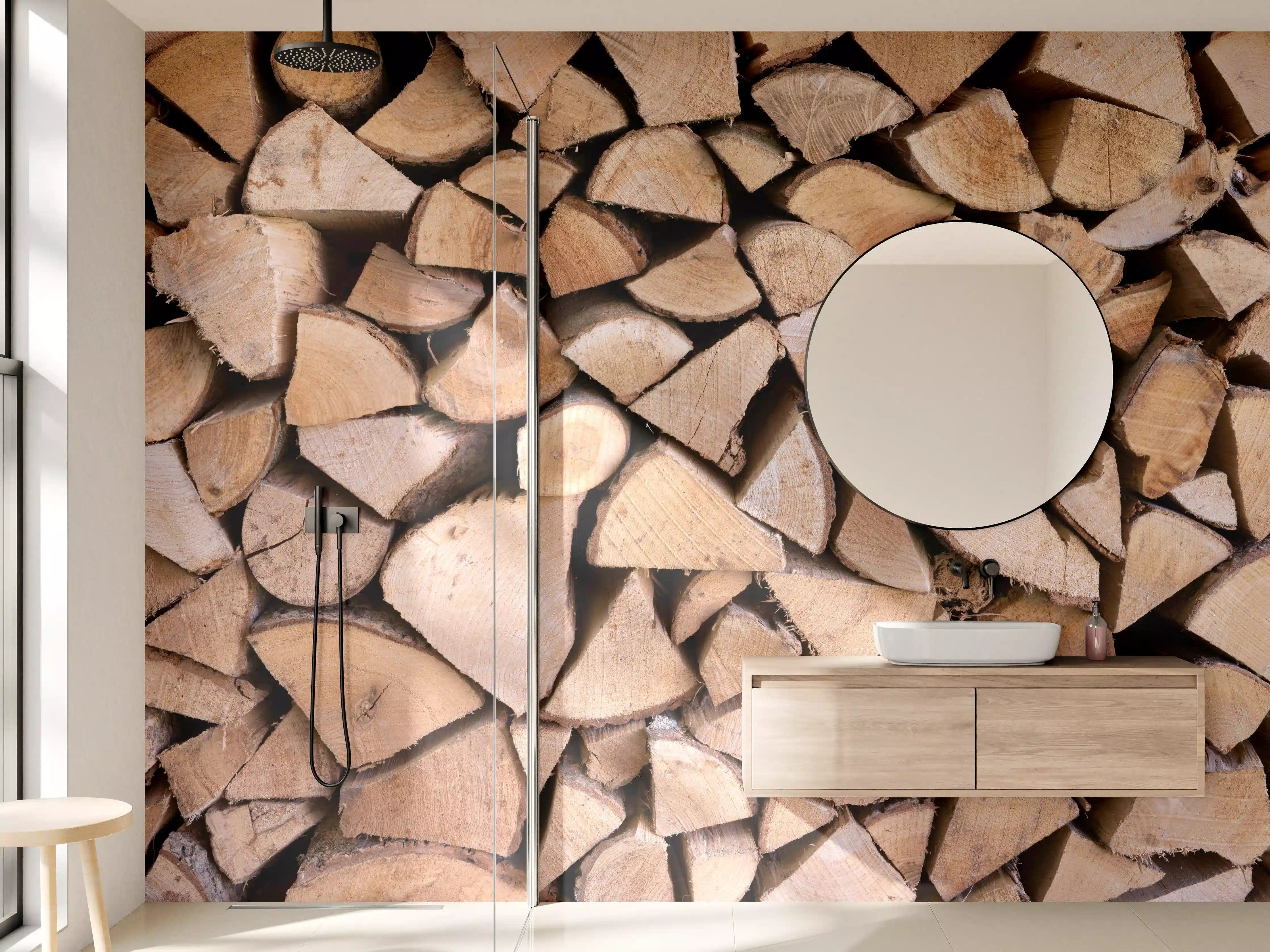 Wandverkleidung Bad - Holzscheite in warmen Brauntönen