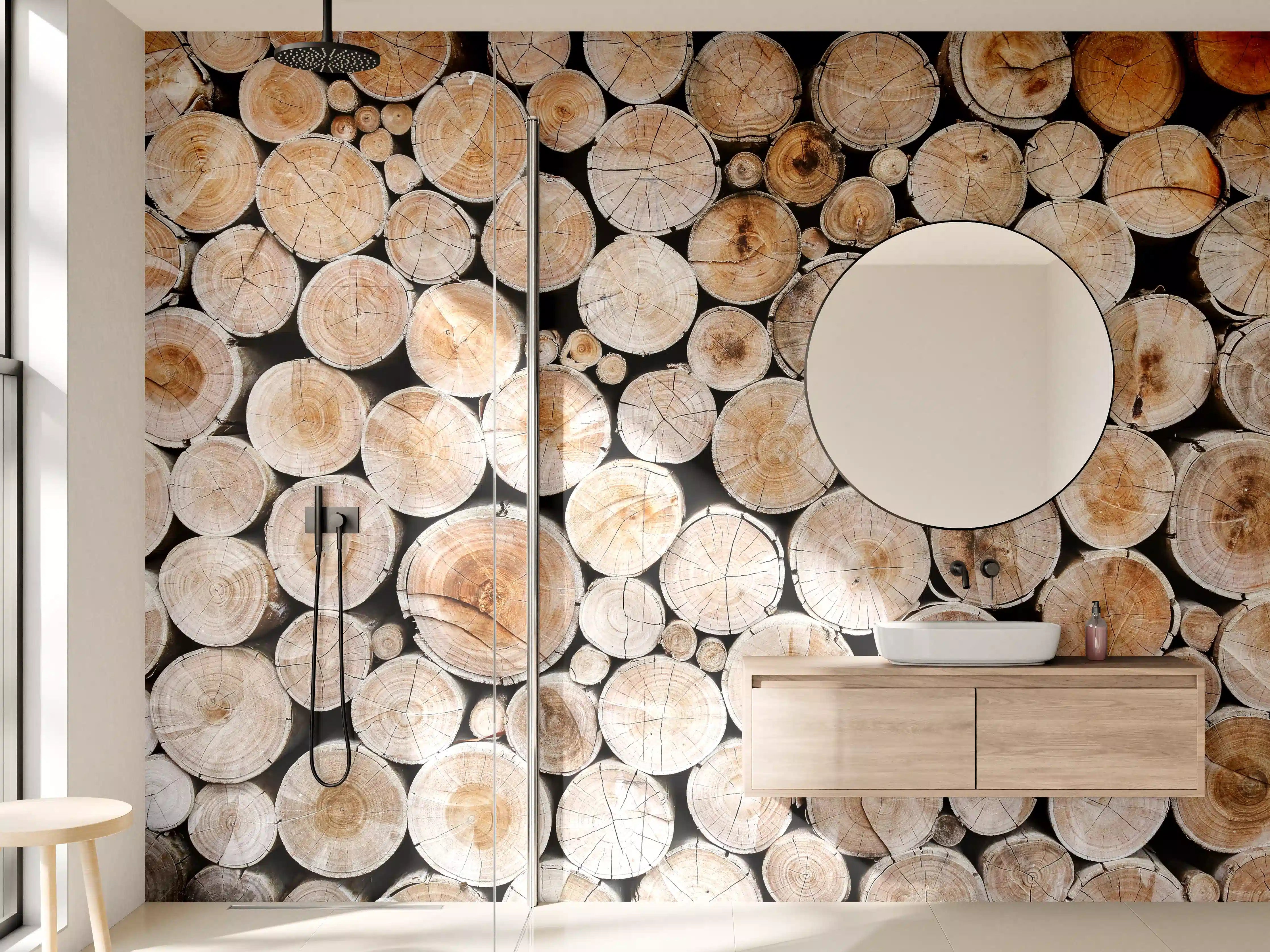 Wandverkleidung Bad - Holzstämme in natürlicher Optik