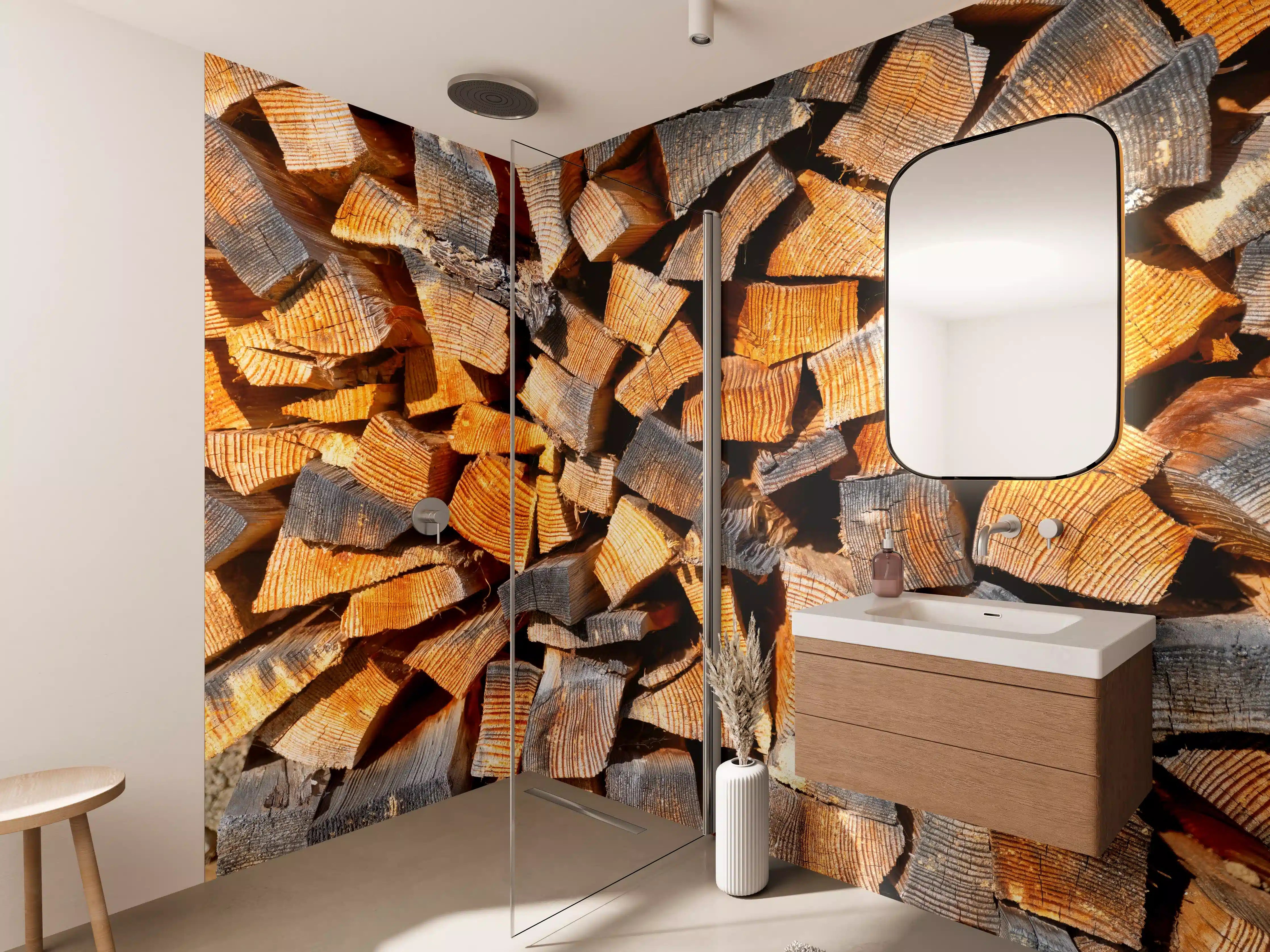 Wandverkleidung Bad - Holzstapel in warmen Tönen