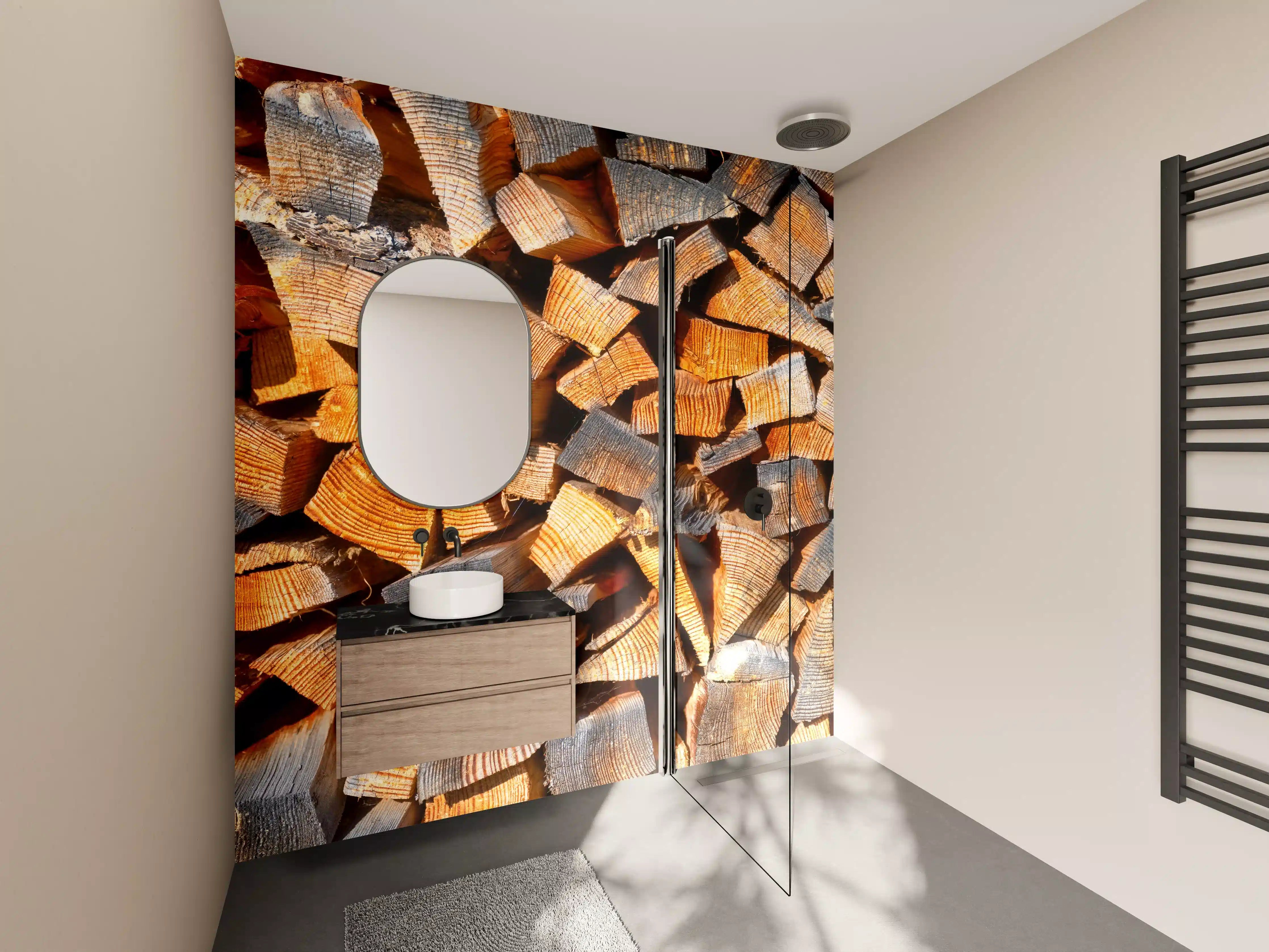 Wandverkleidung Bad - Holzstapel in warmen Tönen