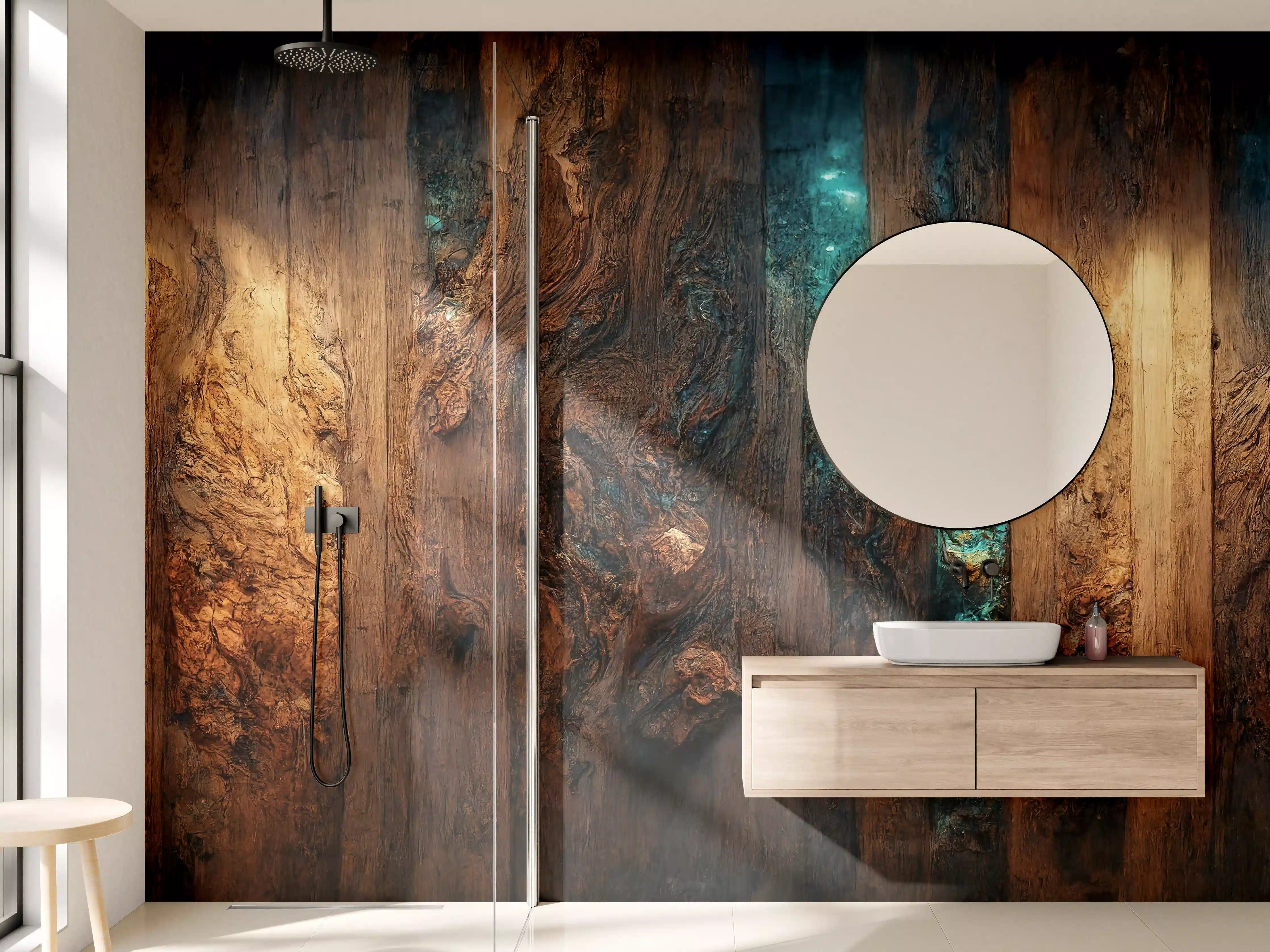 Wandverkleidung Bad - Holztisch mit blauen Epoxidharz