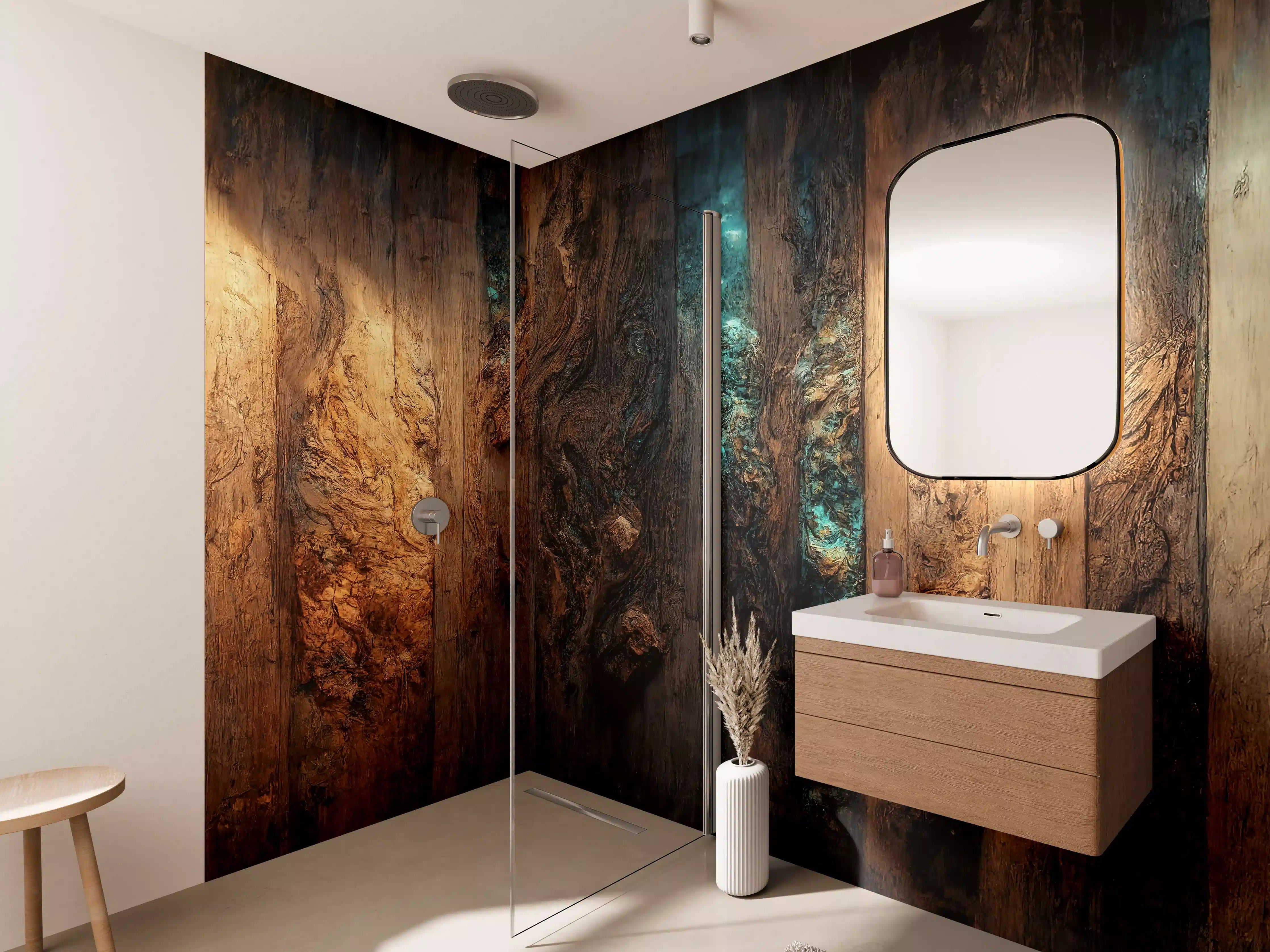 Wandverkleidung Bad - Holztisch mit blauen Epoxidharz