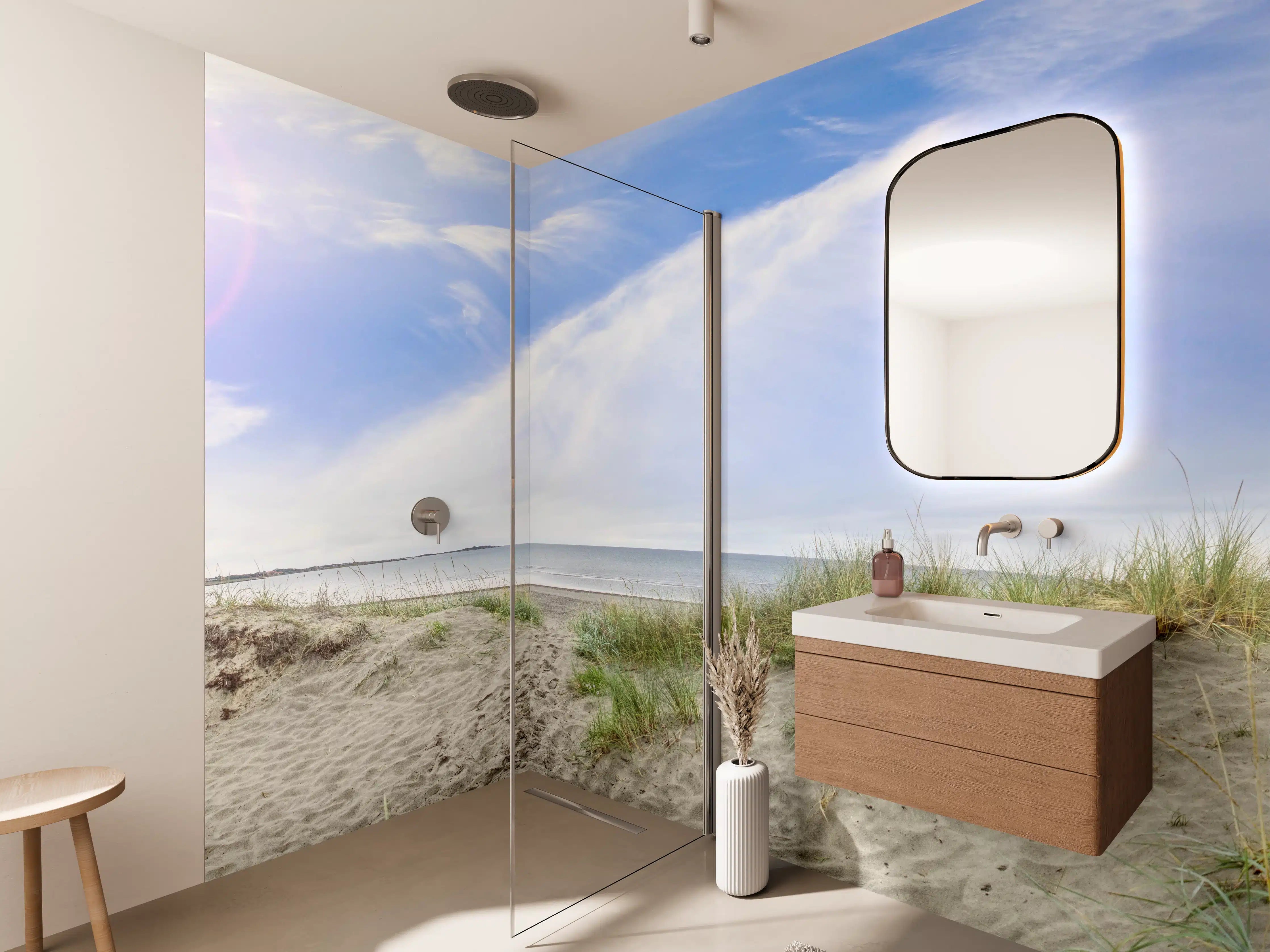 Wandverkleidung Bad - Idyllische Strandlandschaft mit Himmel und Meer