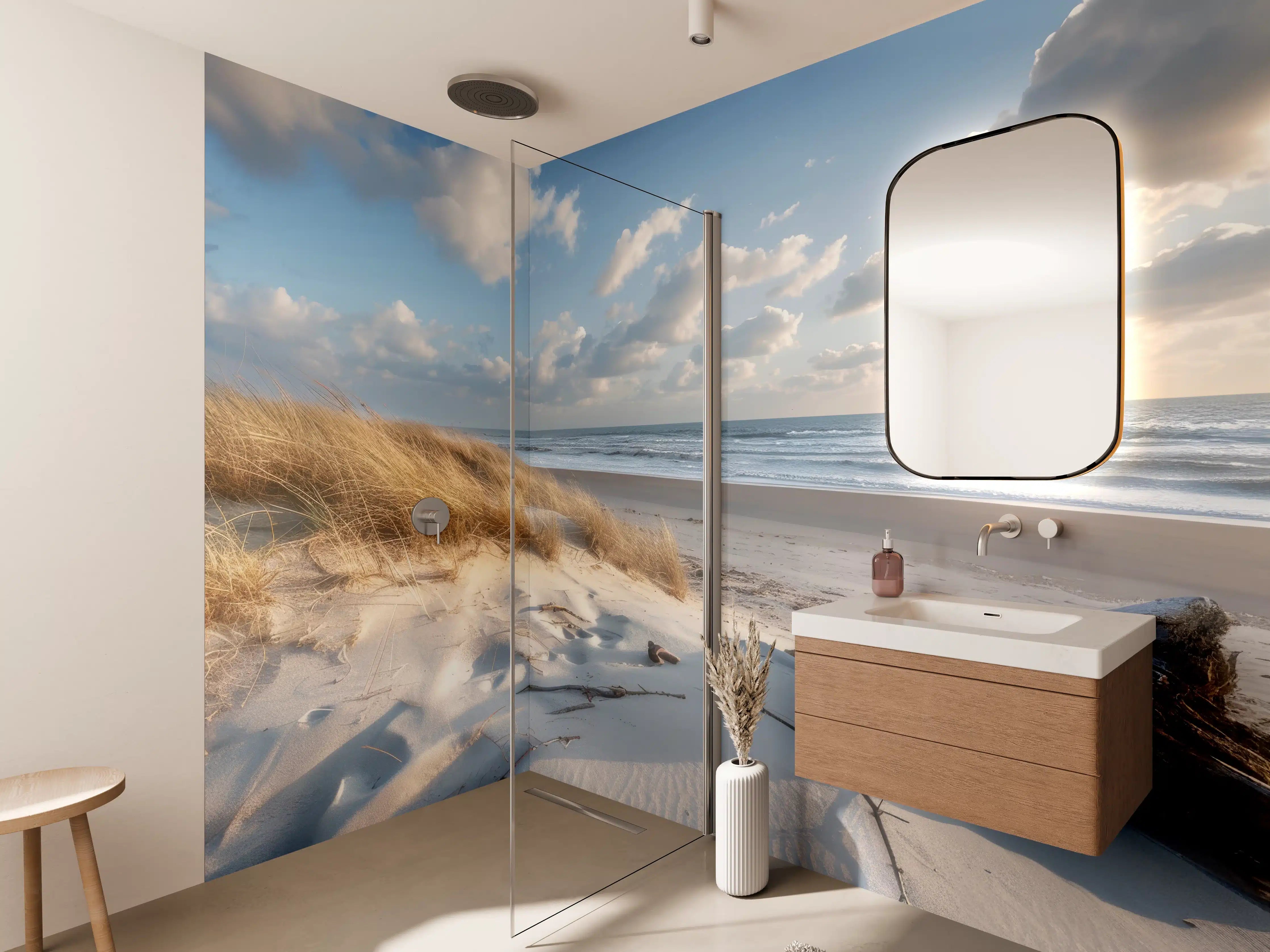 Wandverkleidung Bad - Idyllischer Strand mit Grautönen