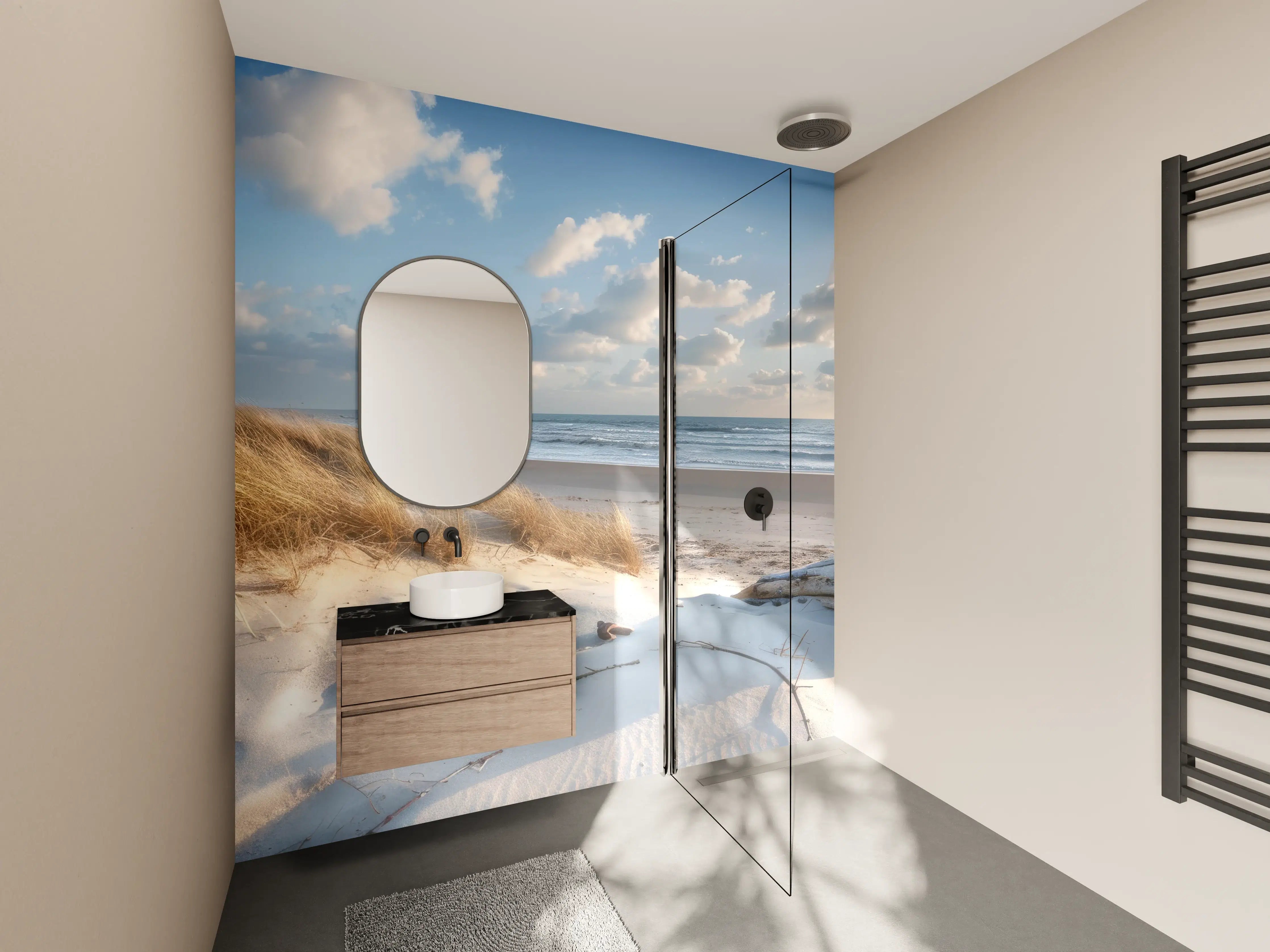 Wandverkleidung Bad - Idyllischer Strand mit Grautönen