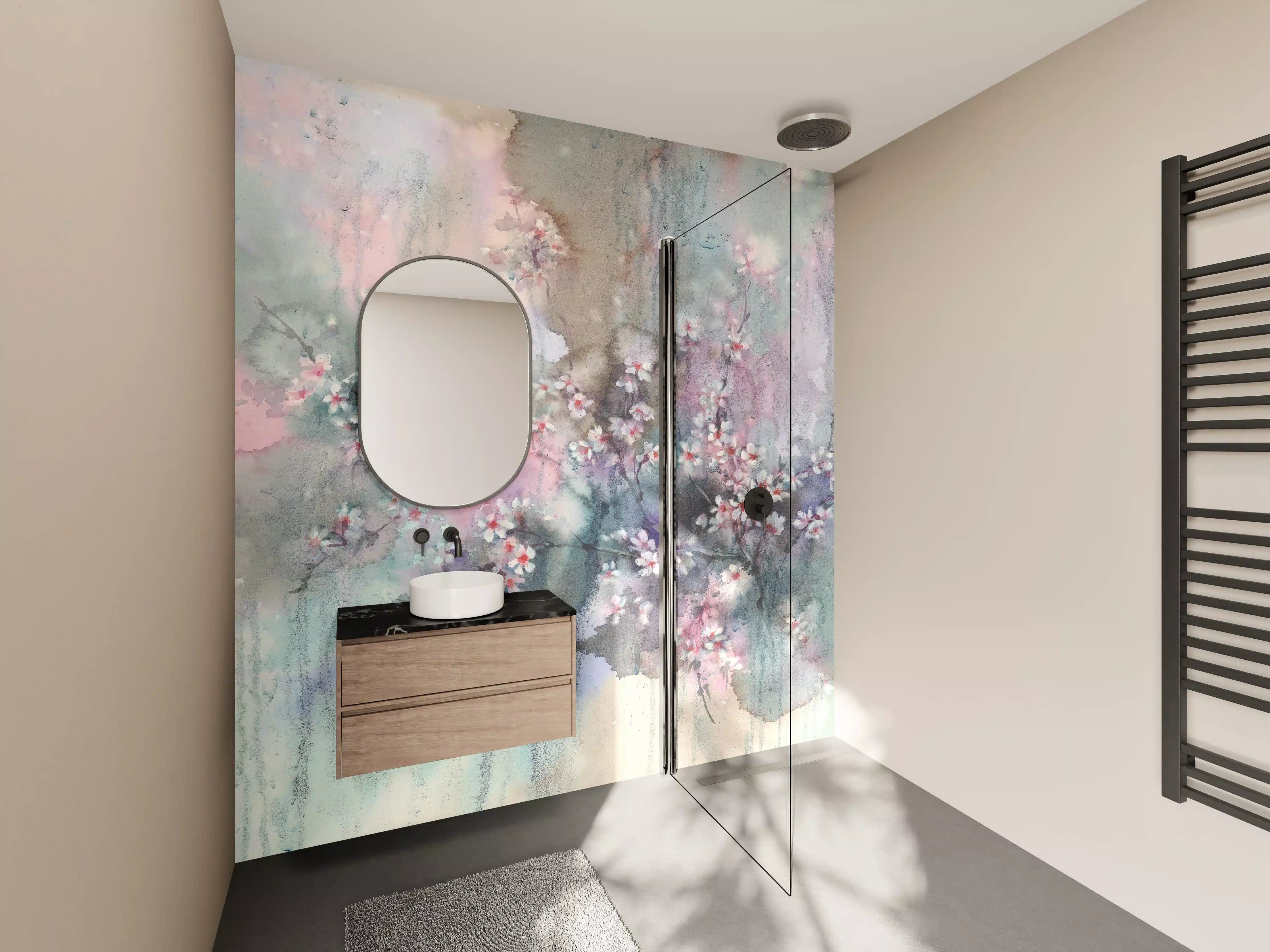 Wandverkleidung Bad - Japanische Kirchblüten mit Aquarell Muster