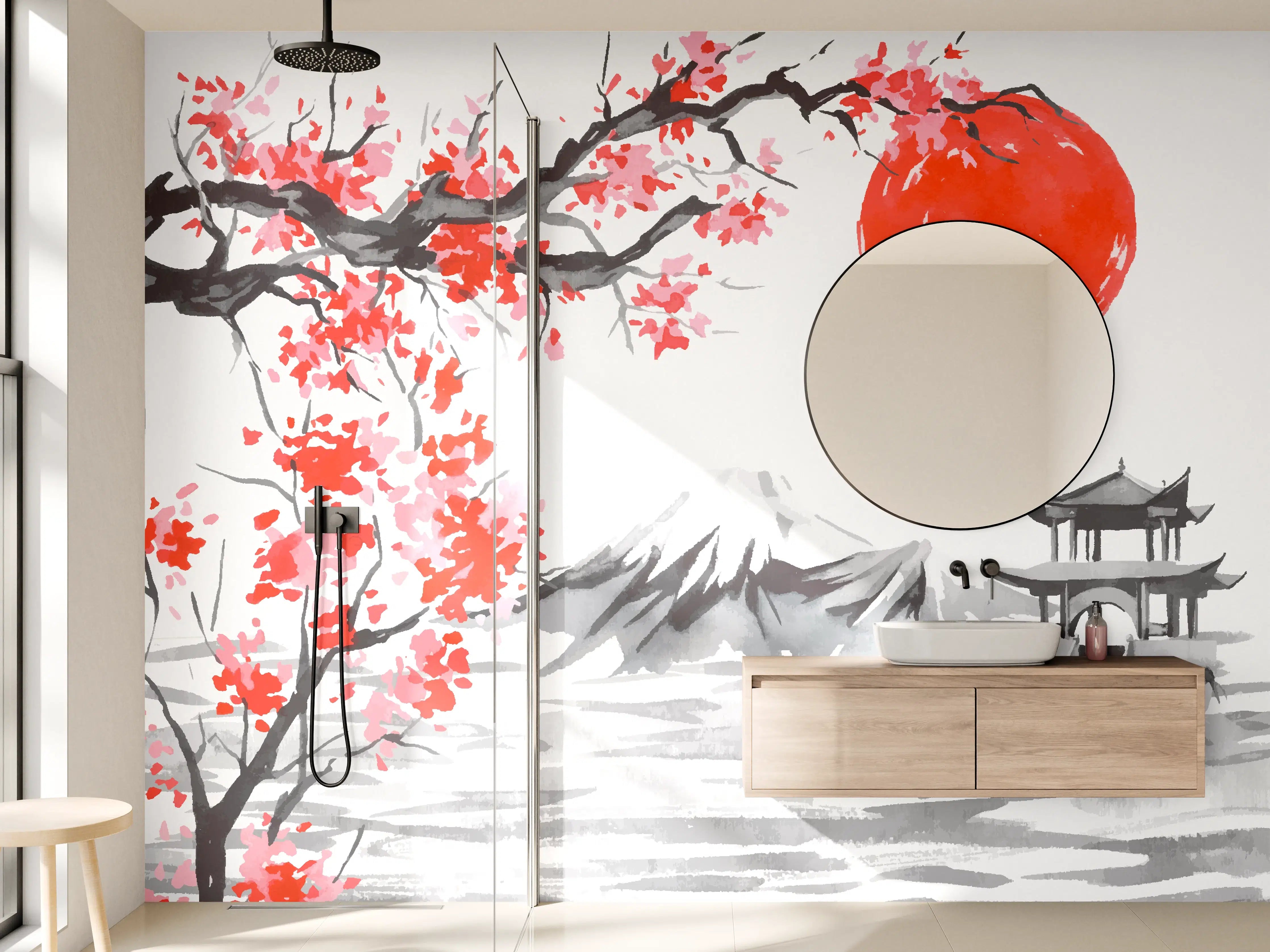 Wandverkleidung Bad - Japanische Kirschblüte Aquarell