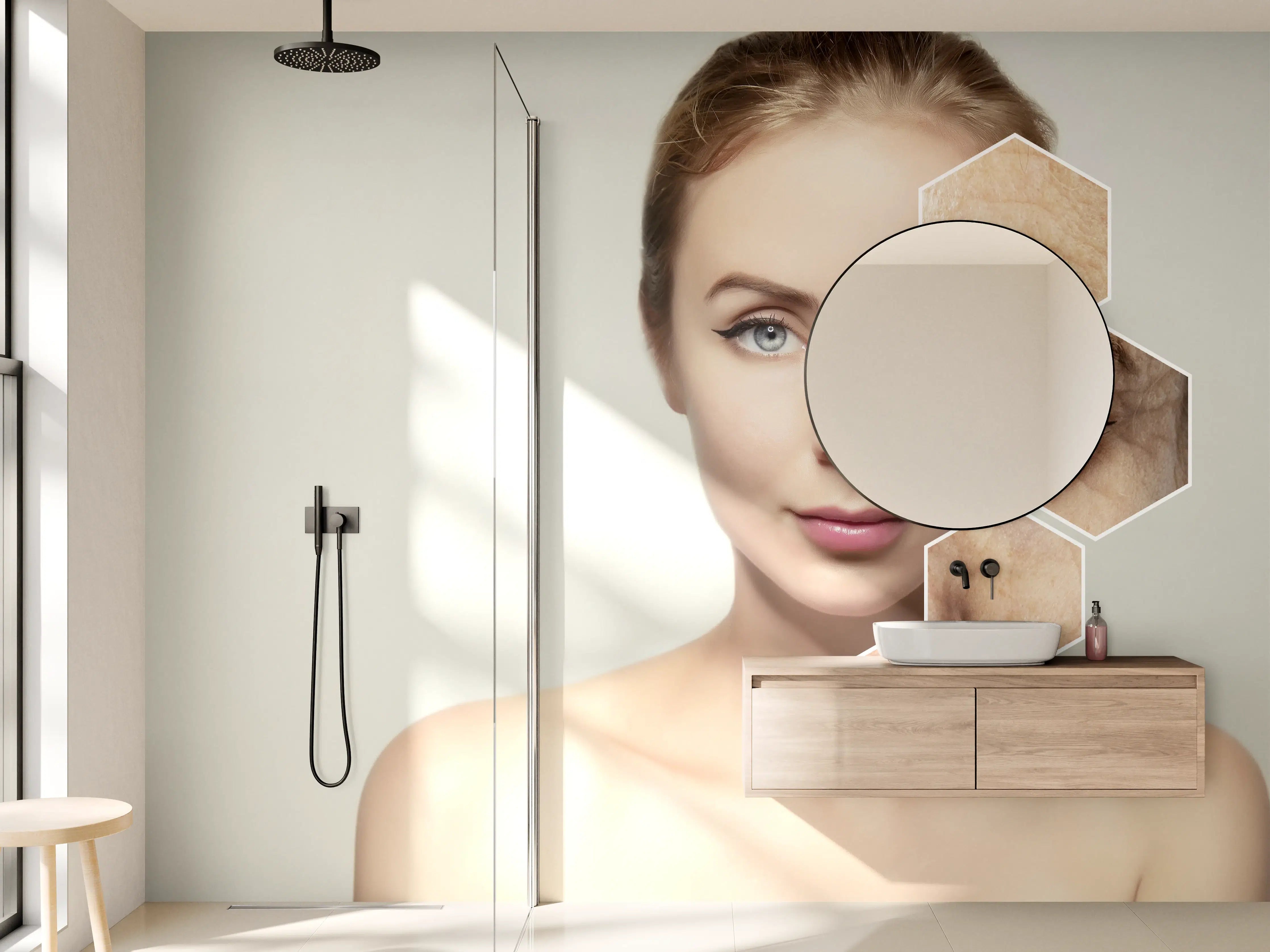 Wandverkleidung Bad - Junge Frau mit Grafikelementen alter Haut