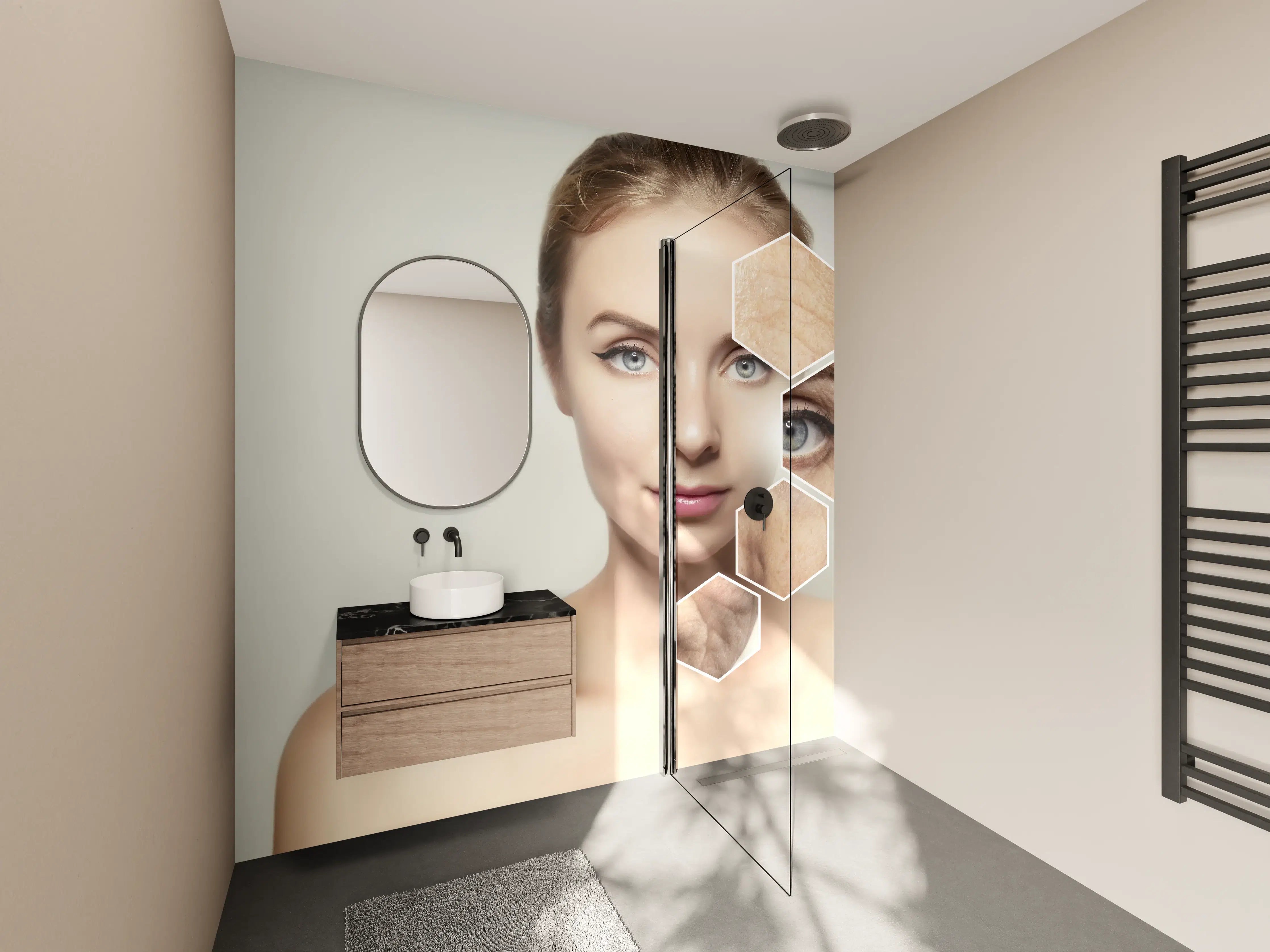 Wandverkleidung Bad - Junge Frau mit Grafikelementen alter Haut