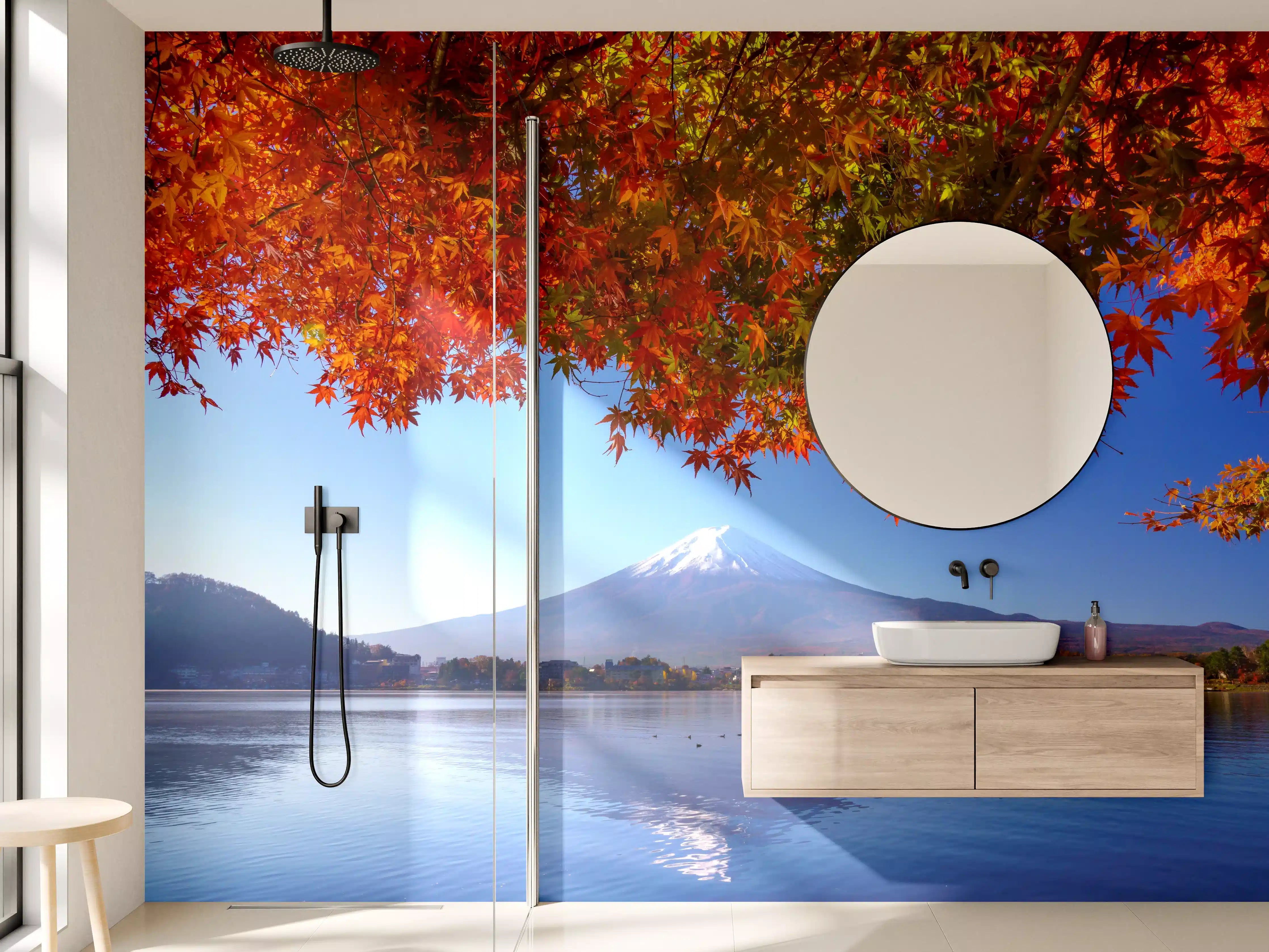 Wandverkleidung Bad - Kaiserlicher Fuji vor herbstlichem Laub