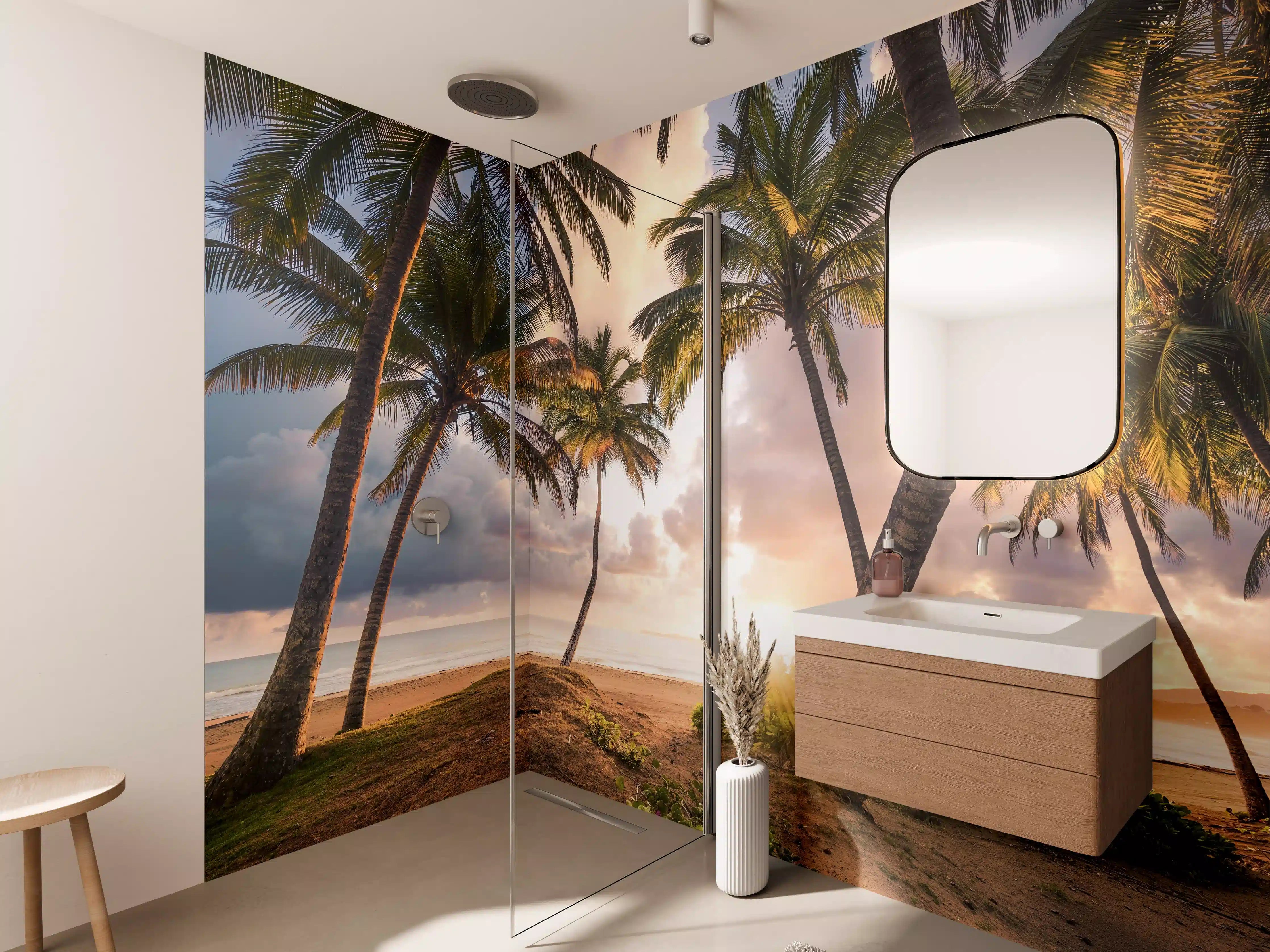 Wandverkleidung Bad - Karibik Strand Sonnenaufgang Palmen