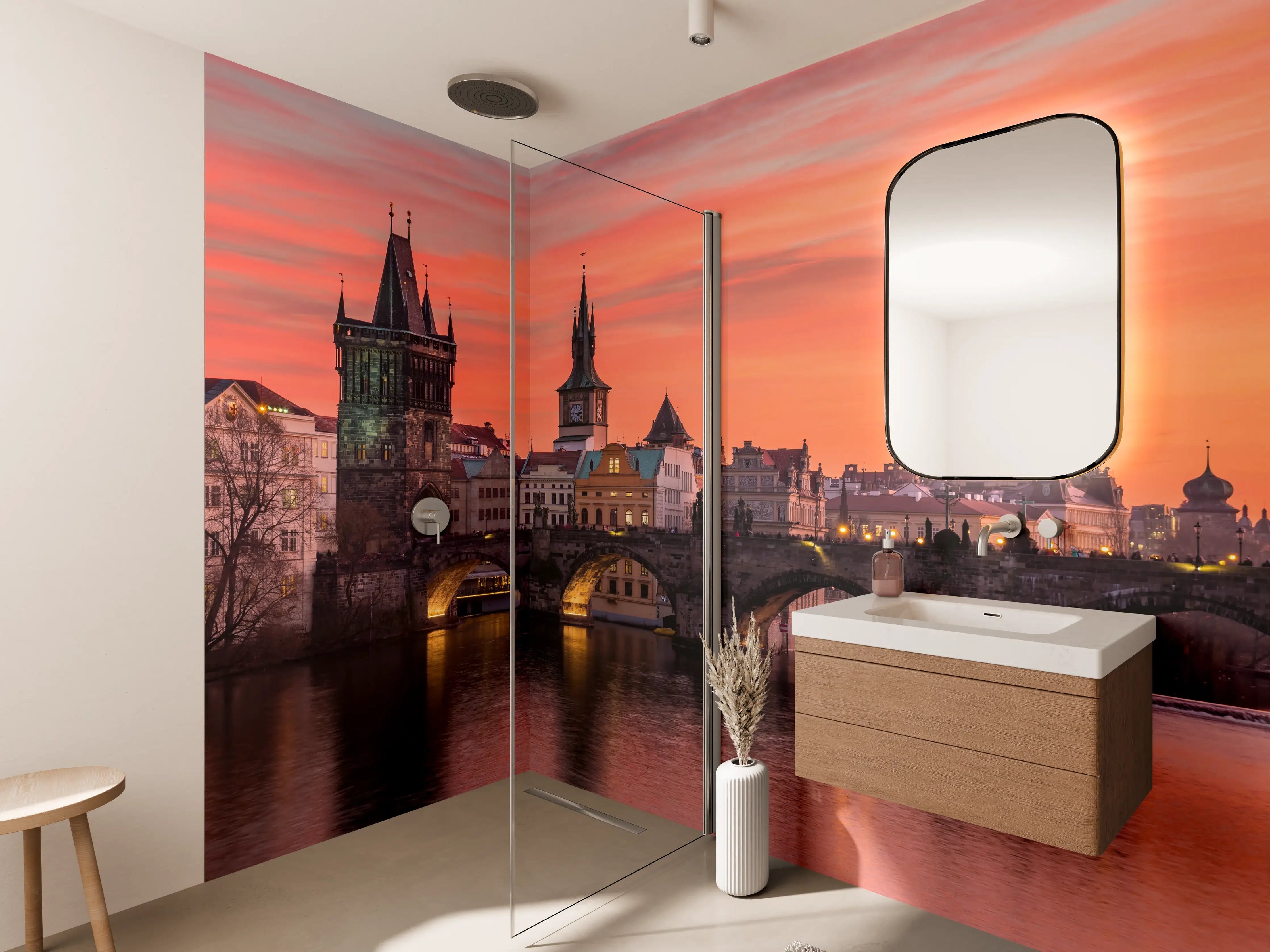 Wandverkleidung Bad - Karlsbrücke in Prag bei Sonnenuntergang 
