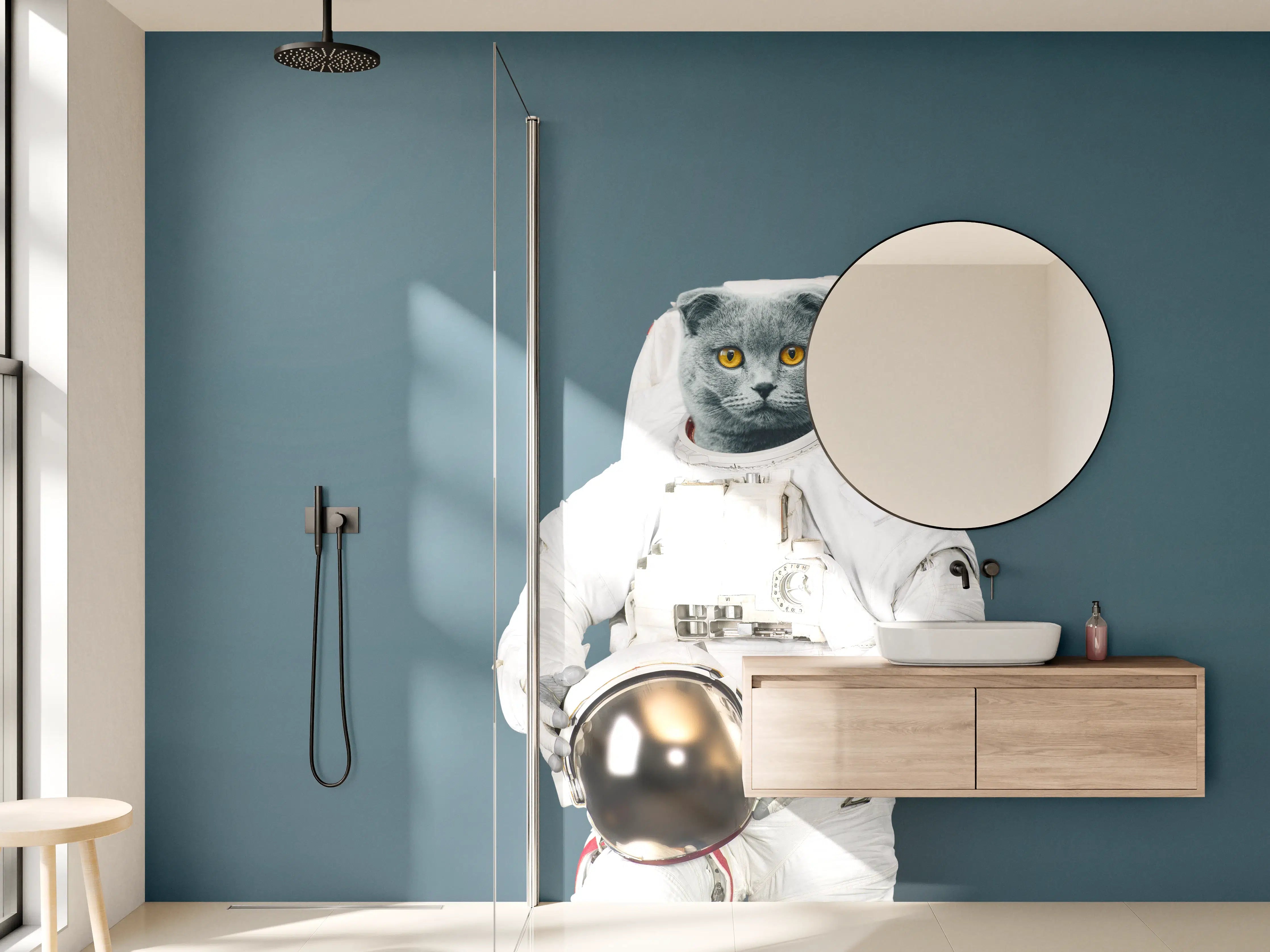 Wandverkleidung Bad - Katzen-Astronaut Grau-Helm