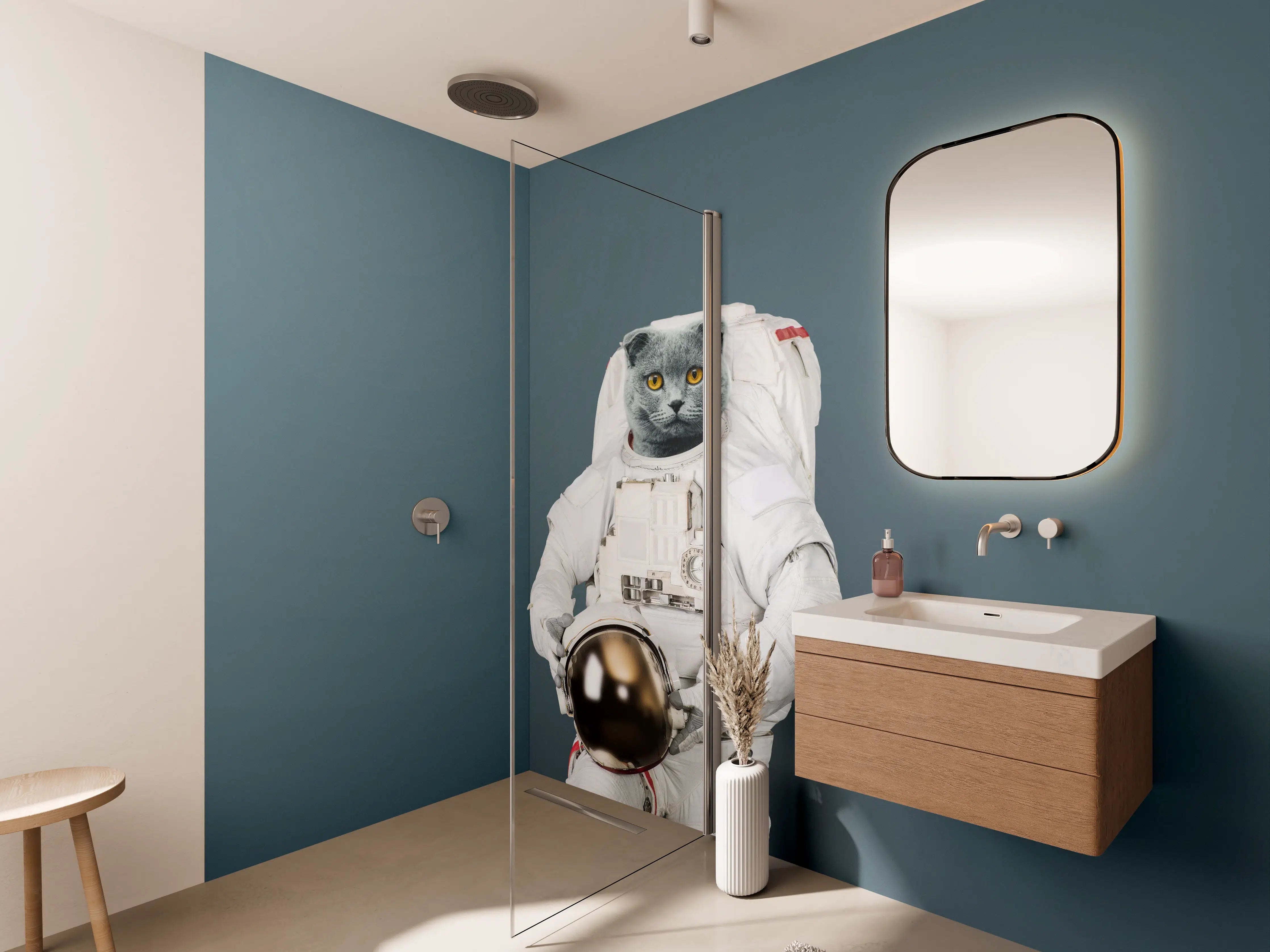 Wandverkleidung Bad - Katzen-Astronaut Grau-Helm