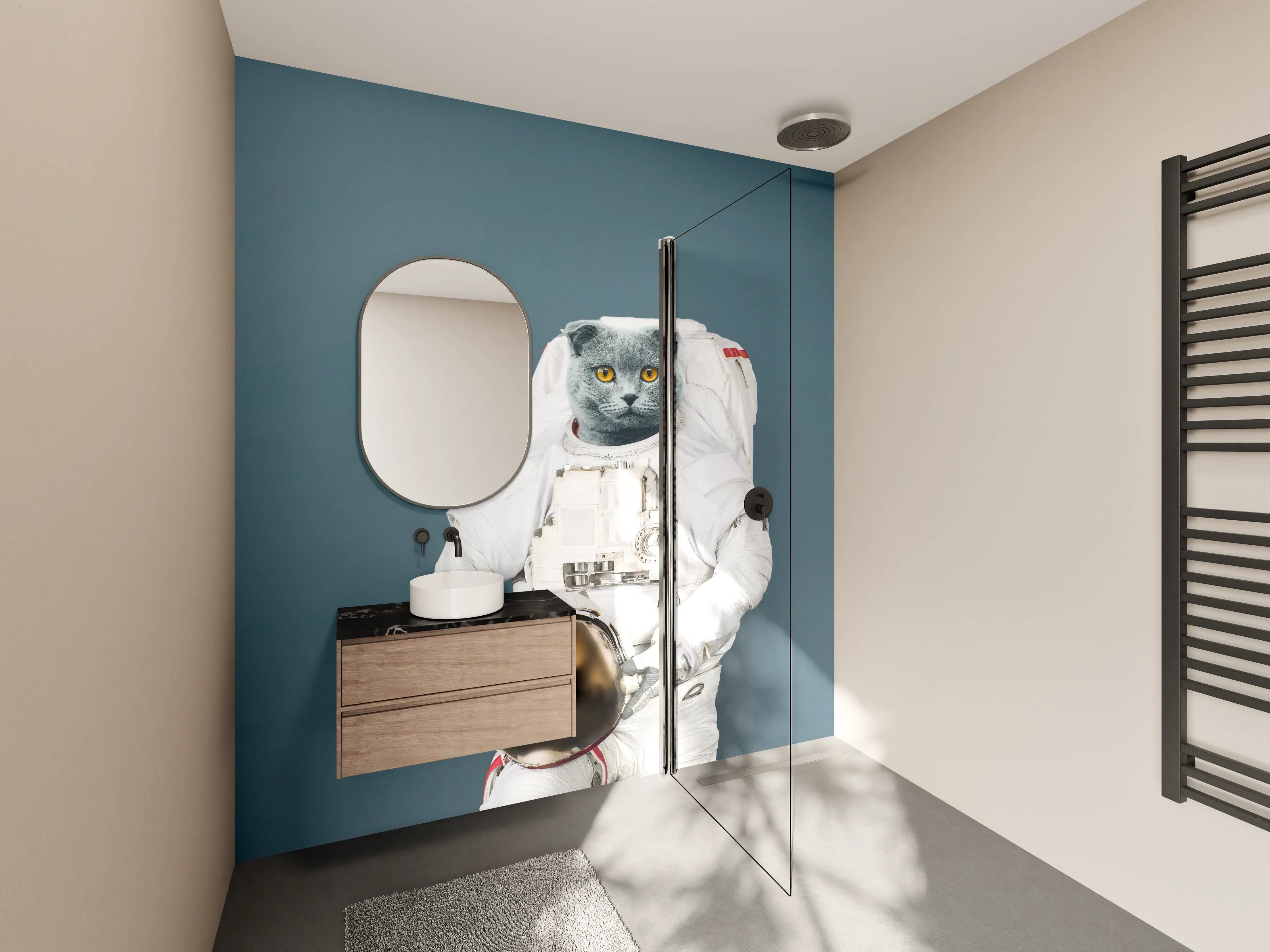 Wandverkleidung Bad - Katzen-Astronaut Grau-Helm