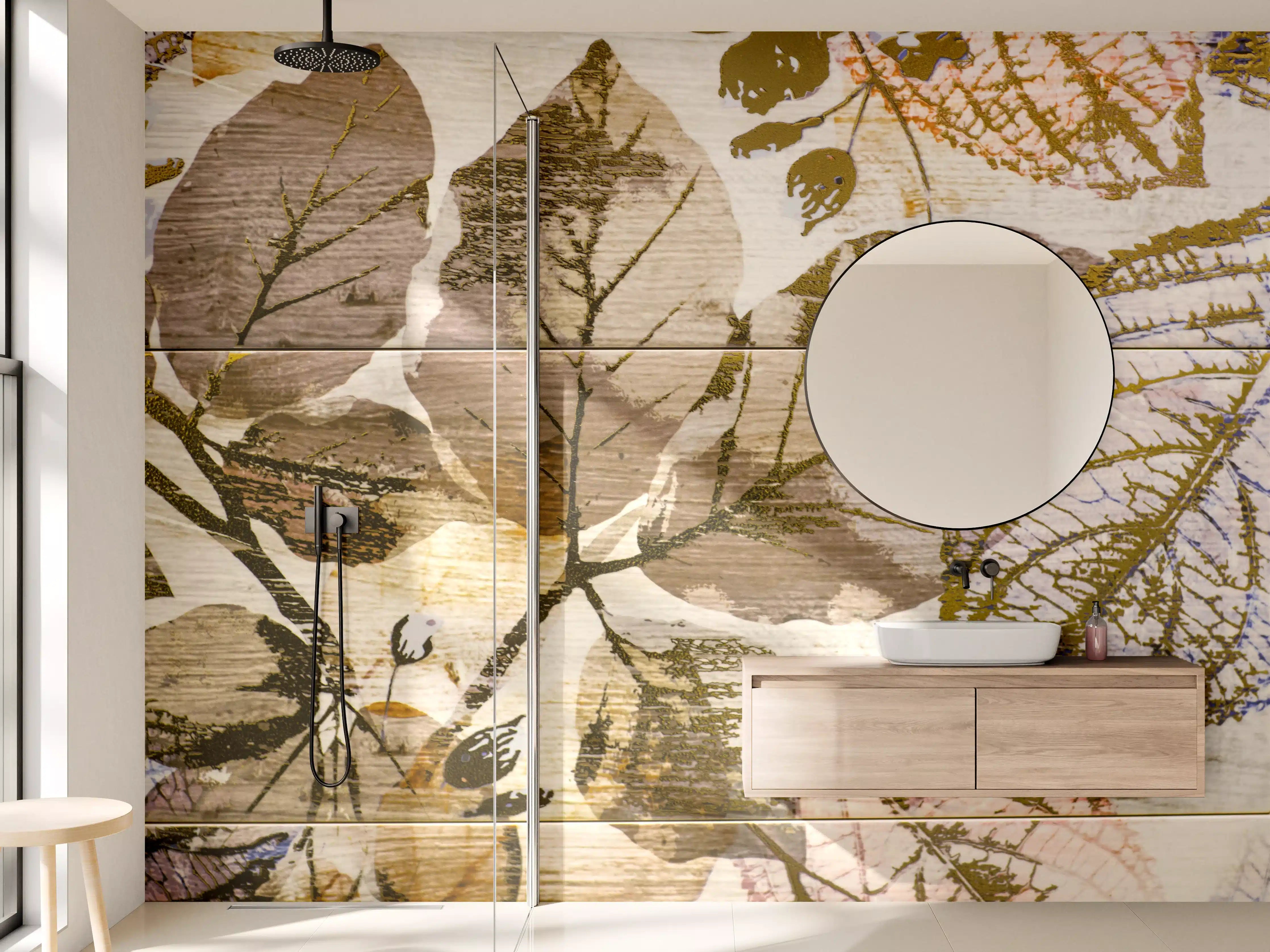 Wandverkleidung Bad - Keramikfliesen Blattmuster Beige